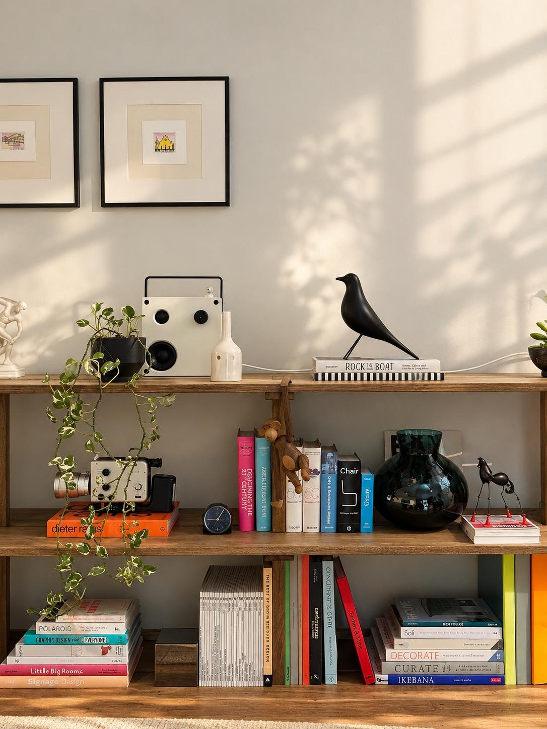 A wooden bookshelf filled with books, decorative objects, and plants, against a white wall with framed artwork and sunlight shadows.