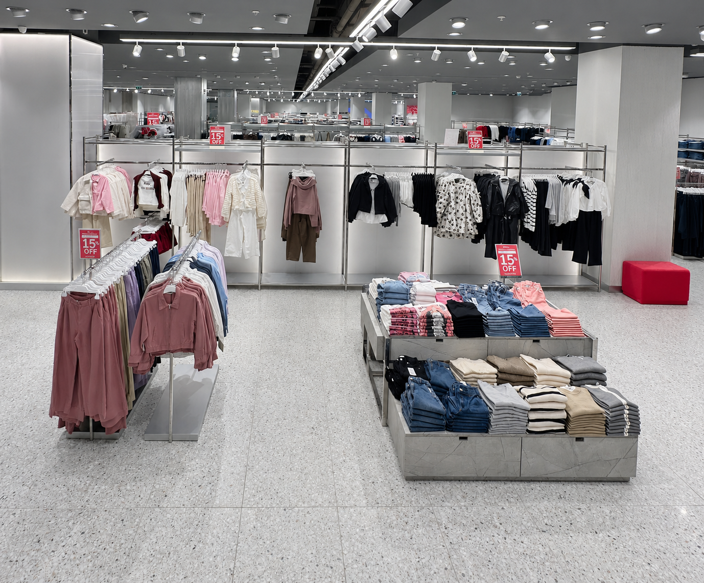 Clothing store display with racks of folded and hanging clothes, including sweaters, shirts, and pants, with red sale signs indicating 15% off.