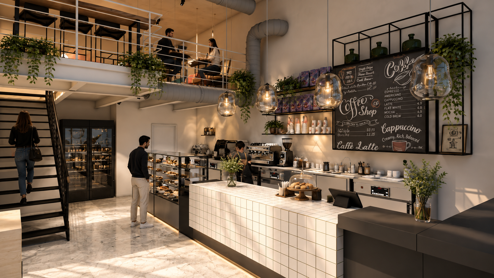 Inside a modern coffee shop with a counter displaying baked goods, a menu board on the wall, and customers ordering and sitting at tables upstairs.