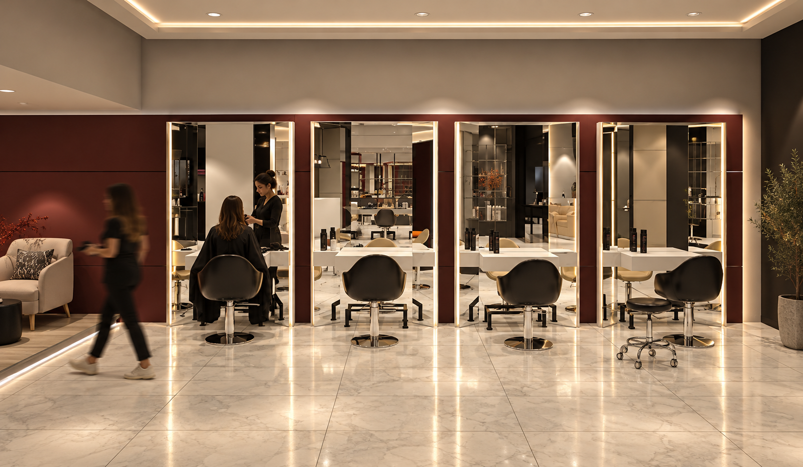 Modern hair salon with five styling stations, large mirrors, and salon chairs in a sleek, illuminated space.