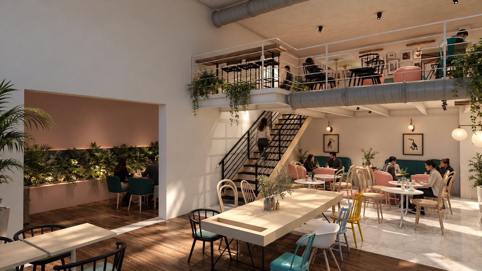 Interior of a modern, stylish café or restaurant with multiple seating areas, including a large communal table in the foreground, a cozy booth with pink chairs and framed art on the wall, and an upper level with additional seating. Green plants and warm lighting enhance the ambiance. A woman is ascending a staircase, and several groups of people are engaged in conversations.