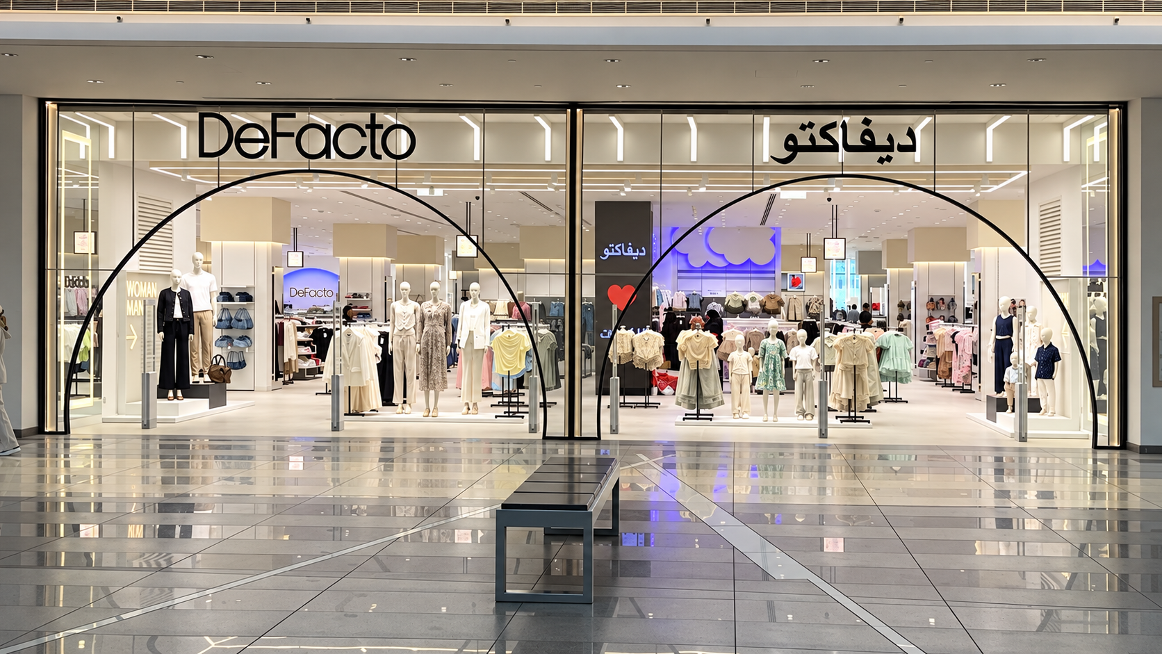 Clothing store labeled DeFacto with mannequins displaying women's and children's apparel inside a shopping mall.