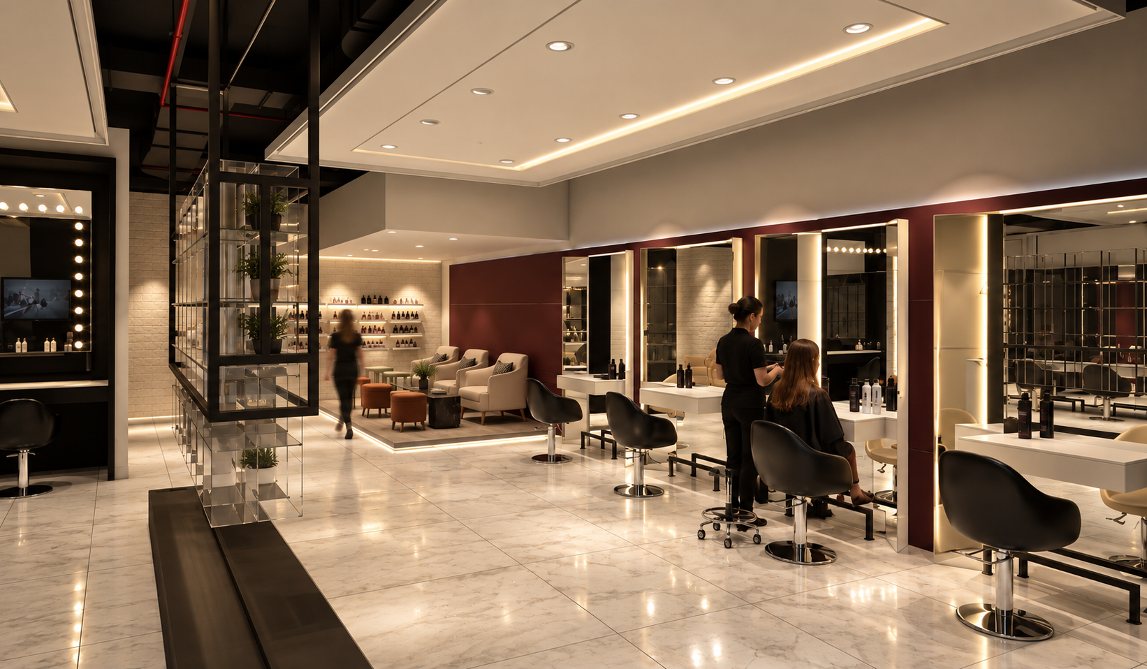 Interior of a modern and stylish hair salon with multiple styling stations, mirrors, and seating areas. There are a few staff members working and shelves with hair products on the walls. The space has warm lighting, a marble floor, and a cozy waiting area with comfortable chairs and decor.