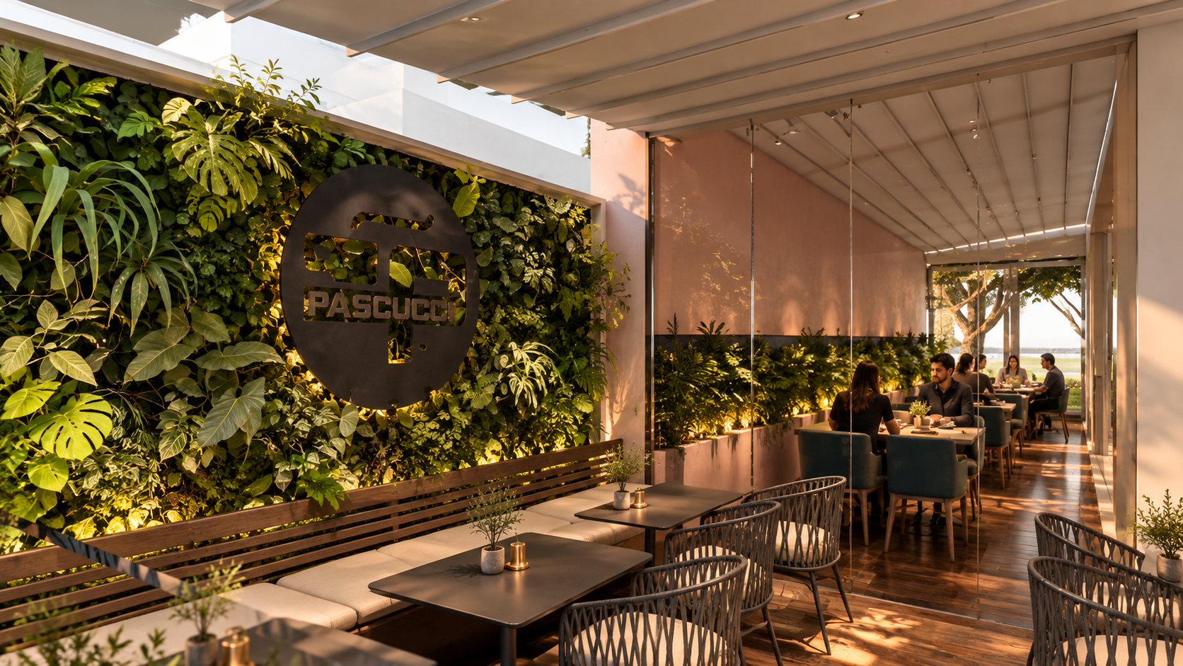 Indoor dining area with green wall displaying the PASCUCCI logo, tables with small potted plants, and guests dining near large windows with trees outside