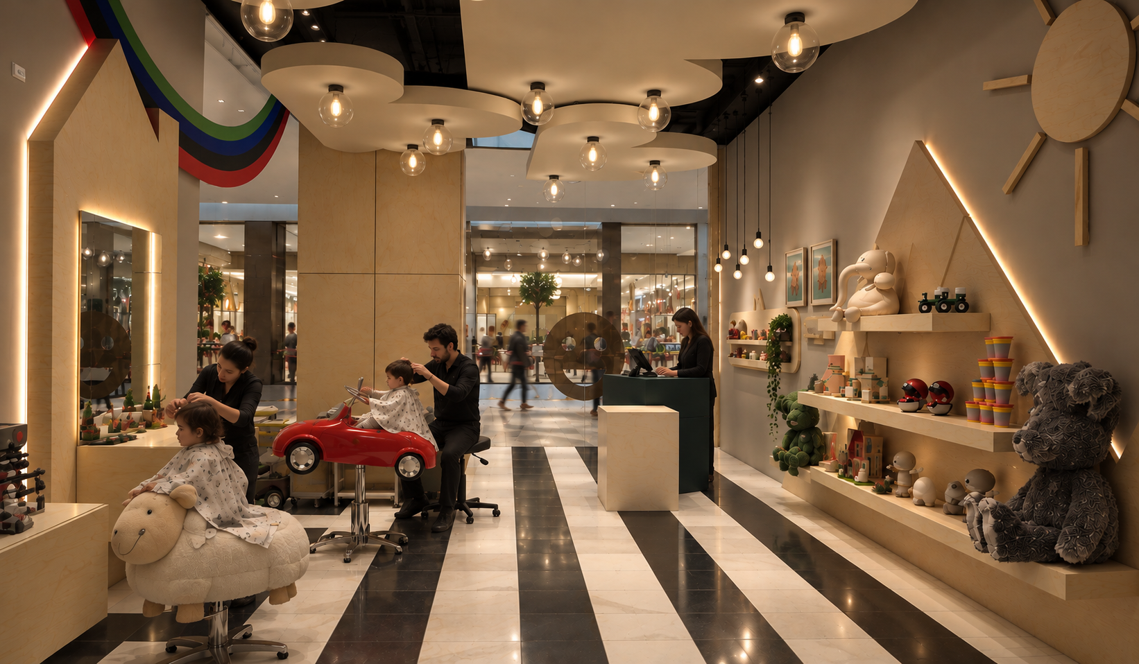 Interior of a children's hair salon with toys and decorations, children getting haircuts by stylists, and a reception desk, with a shopping mall visible through the glass entrance.