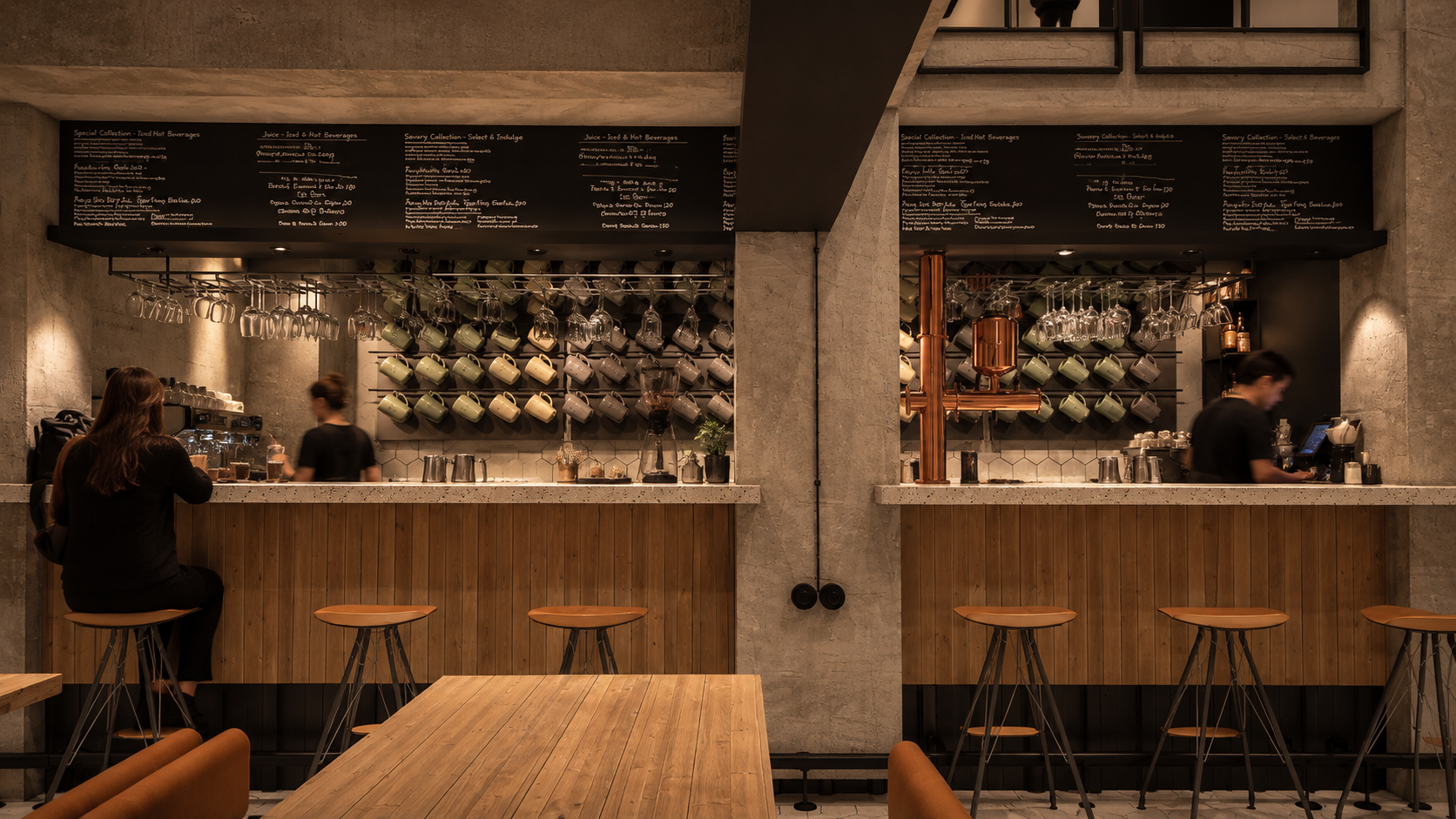 A modern coffee shop with two service counters, each staffed by a barista. The counters have hanging glasses and shelves with coffee mugs. A woman is sitting at the left counter, waiting, while a barista is preparing drinks. The right counter has another barista working. The ceiling has blackboards with menu items written in chalk, and the decor features concrete walls, wooden accents, and a cozy atmosphere.