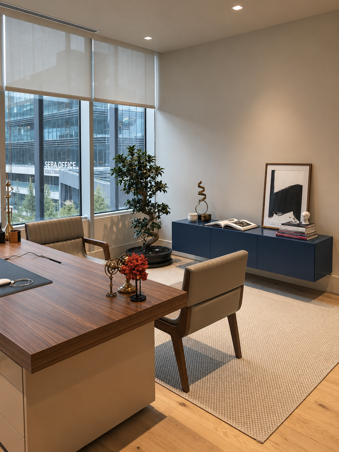 Modern office with a wooden desk, beige chairs, large windows with blinds, a blue sideboard with books and art, a potted plant, and decorative items.
