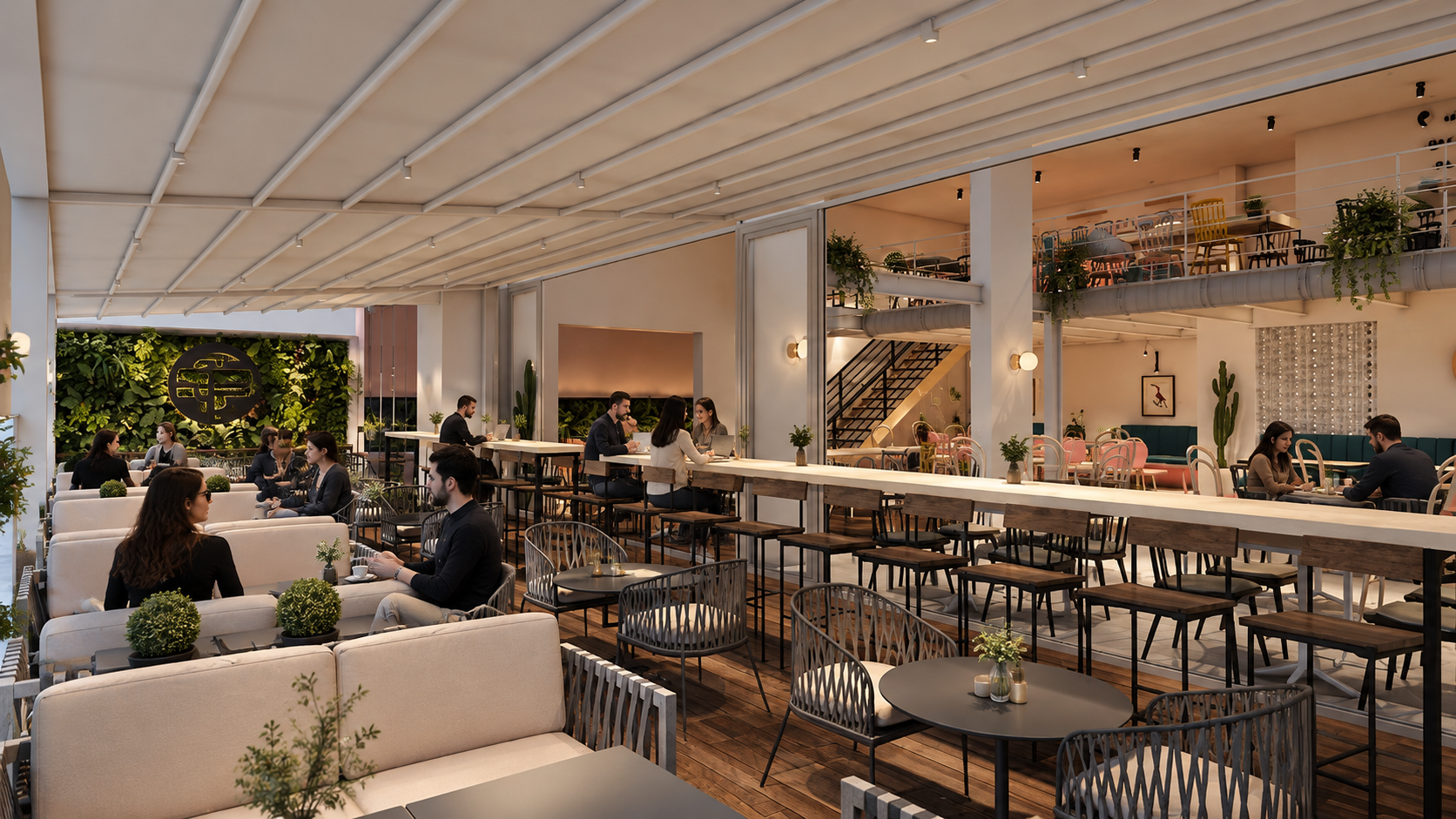 Interior view of a modern, stylish restaurant with various seating arrangements, including sofas, tables, and chairs, decorated with plants, wall art, and a green wall with a black logo.