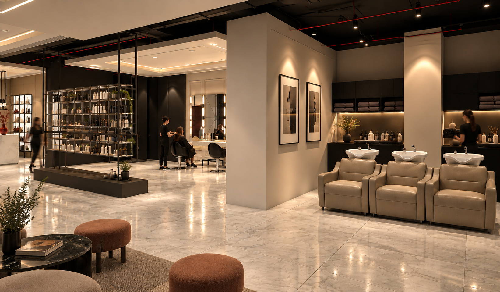 Modern hair salon interior with styling stations, mirrors, and seats, featuring beige leather chairs and laundry area with sinks, illuminated with warm lighting.