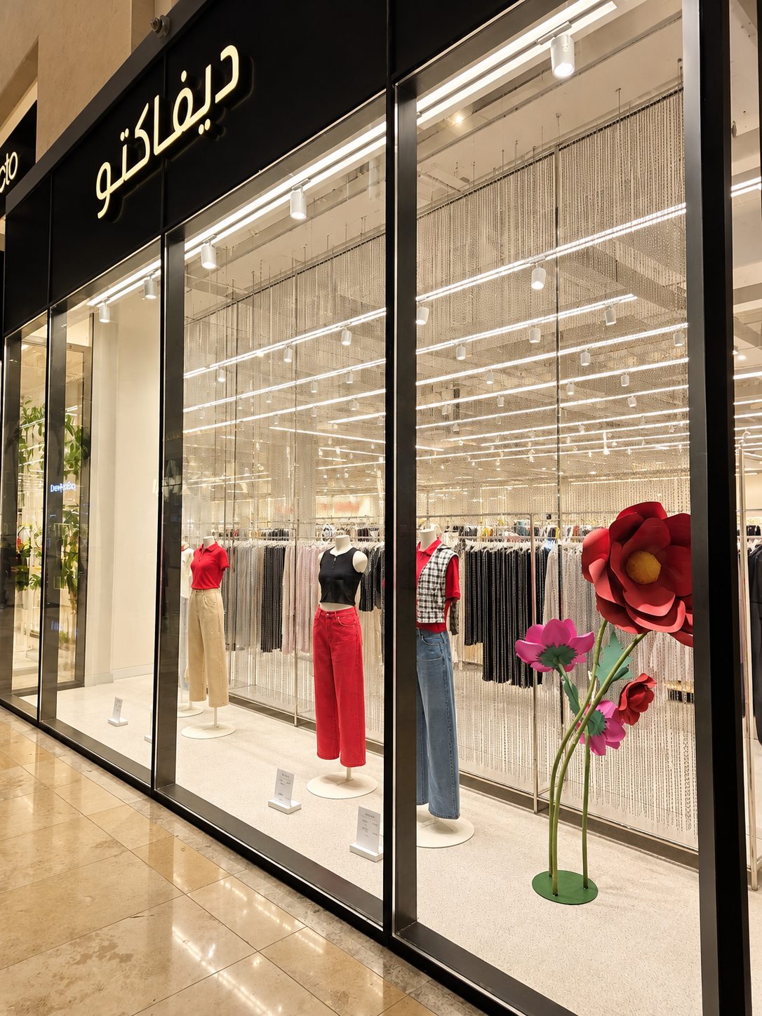 Front view of a clothing store window display with mannequins dressed in red, black, beige, and denim clothing, inside the store are racks of clothes; there's a large artificial flower decoration with red and pink flowers near the window.