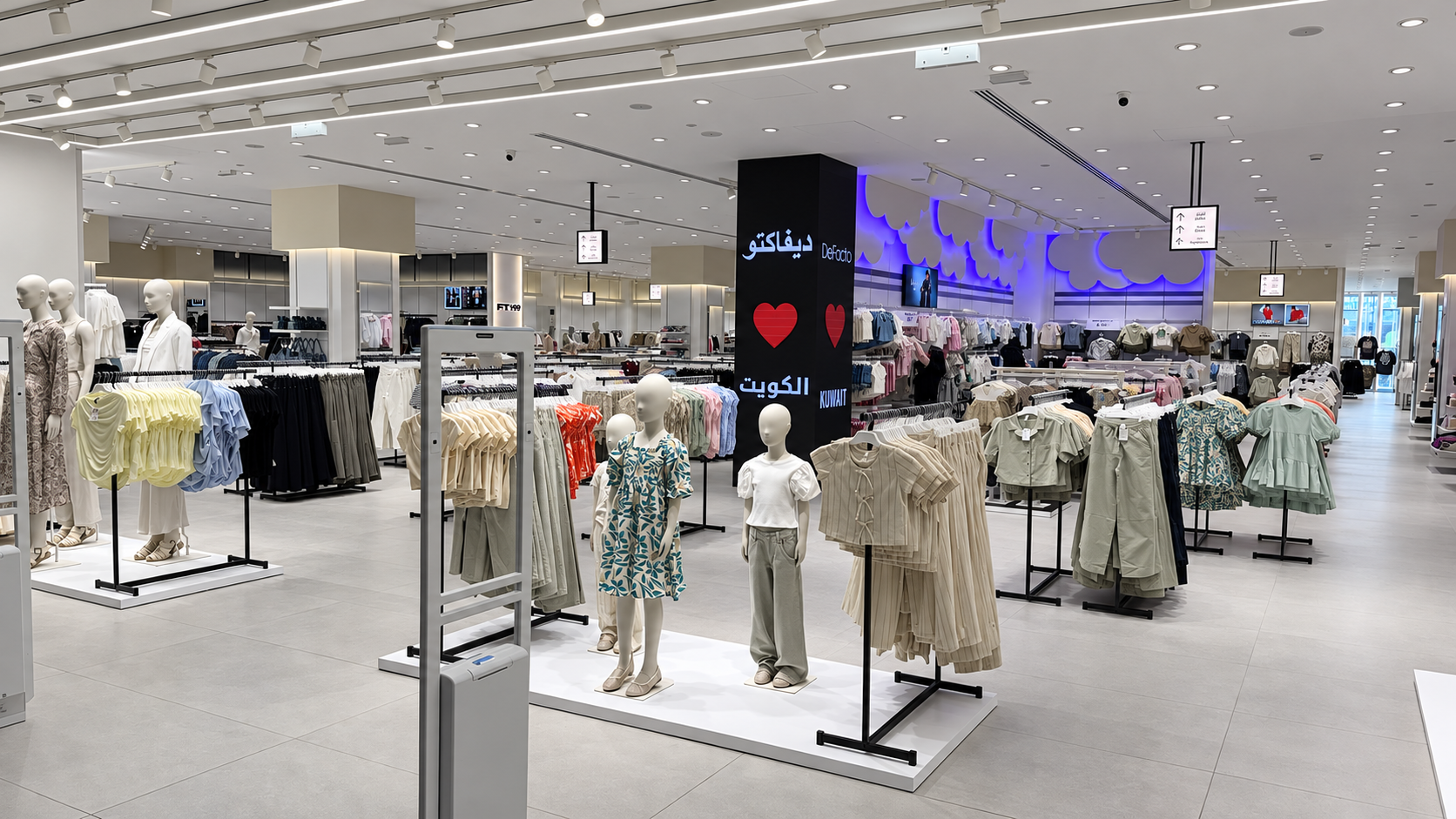 Clothing store interior with mannequins and racks of children's and women's apparel, modern lighting, and a decorative cloud-themed wall in the background.
