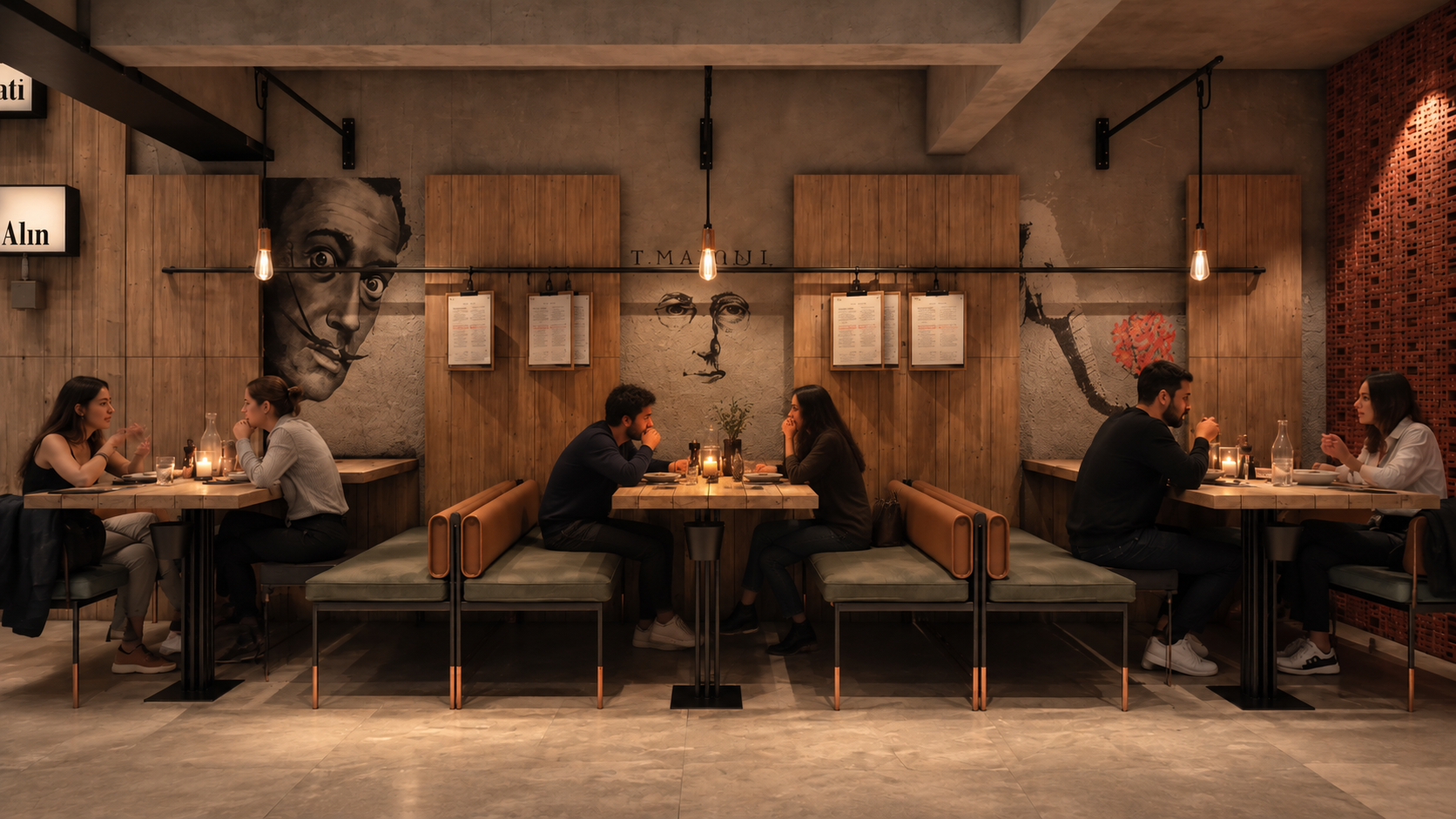 A cozy restaurant with wooden-paneled walls adorned with black-and-white portraits of Albert Einstein. Four couples are seated at two tables, engaging in conversations under warm lighting from Edison bulbs.