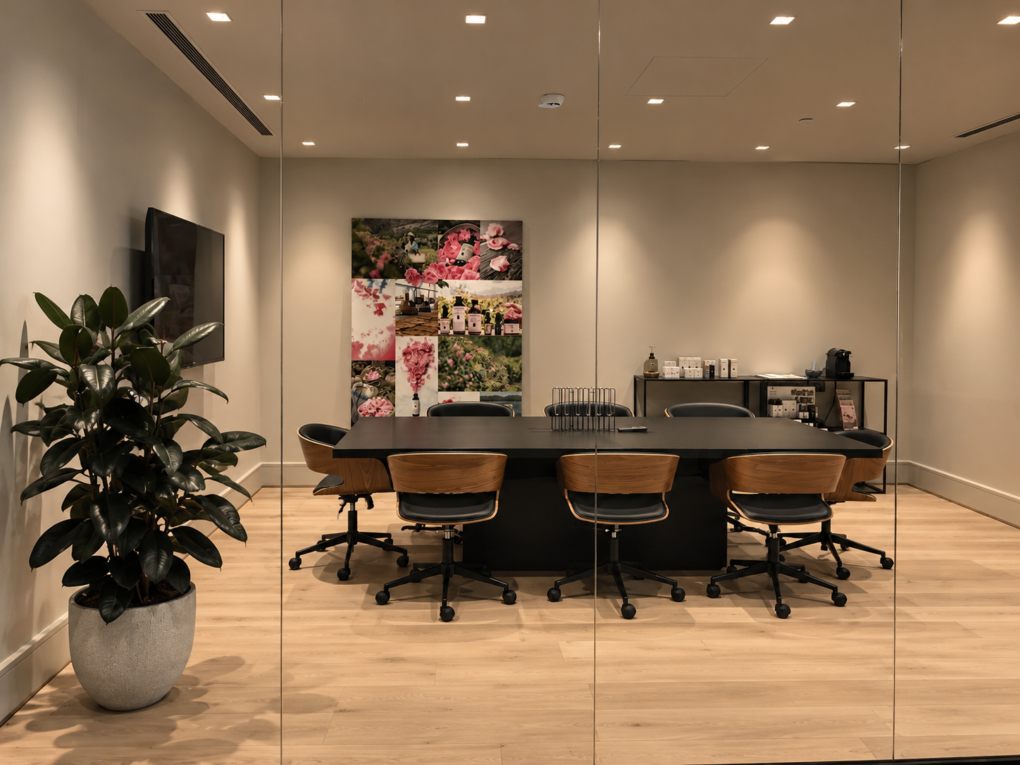 Empty modern conference room with a large dark table and wooden chairs, a potted plant, a wall-mounted TV, and a shelf with coffee supplies, all seen through glass walls.