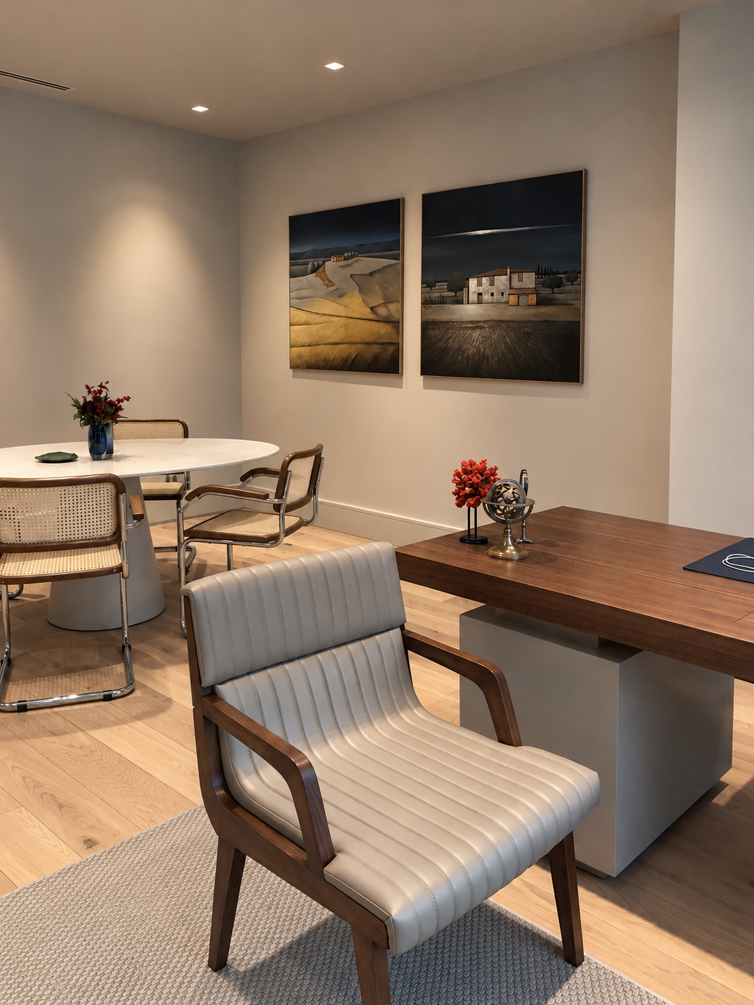 Modern interior of a room with a wooden desk, a white leather armchair, a dining table with four chairs, and two landscape paintings on the wall.
