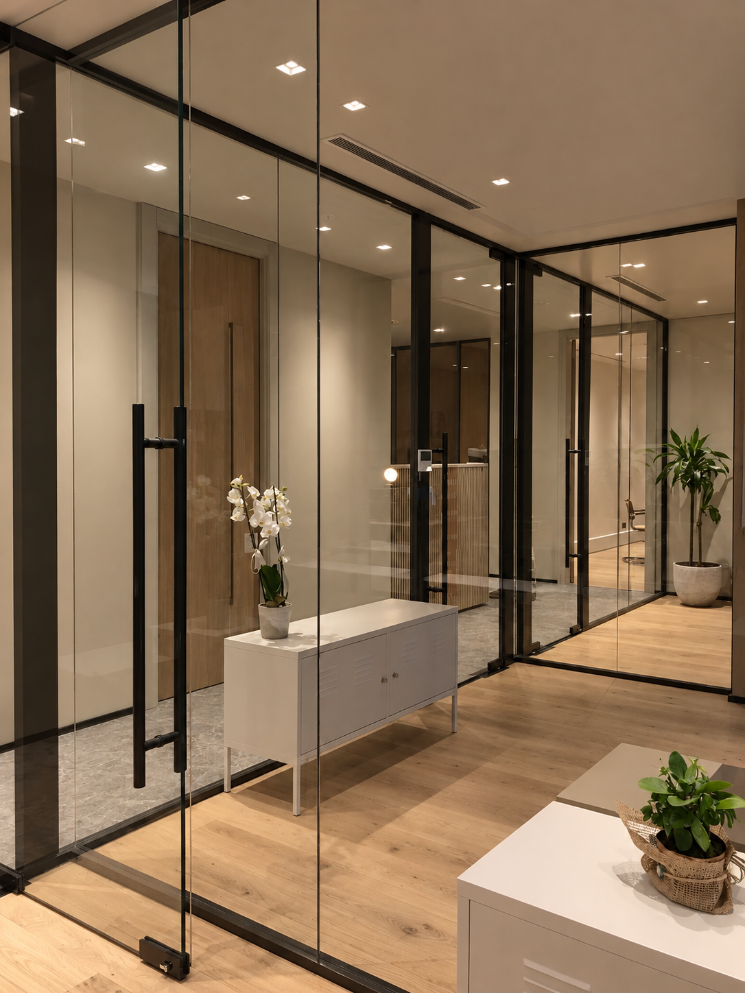 Modern office space with glass walls, wooden doors, potted plants, white cabinets, and wooden flooring.