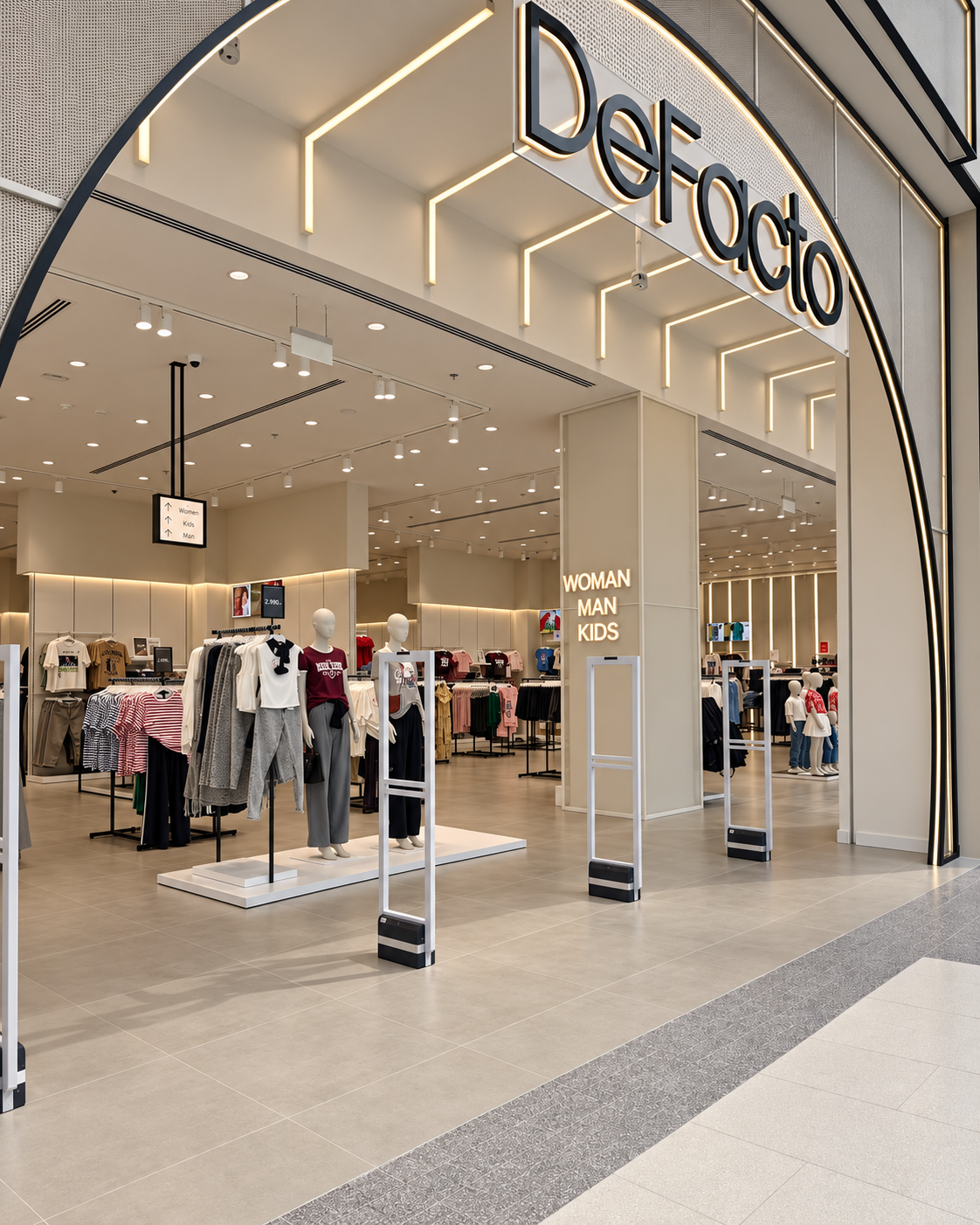 Entrance of a clothing store named DeFacto with mannequins displaying casual clothing. Signage indicates sections for women, men, and kids.