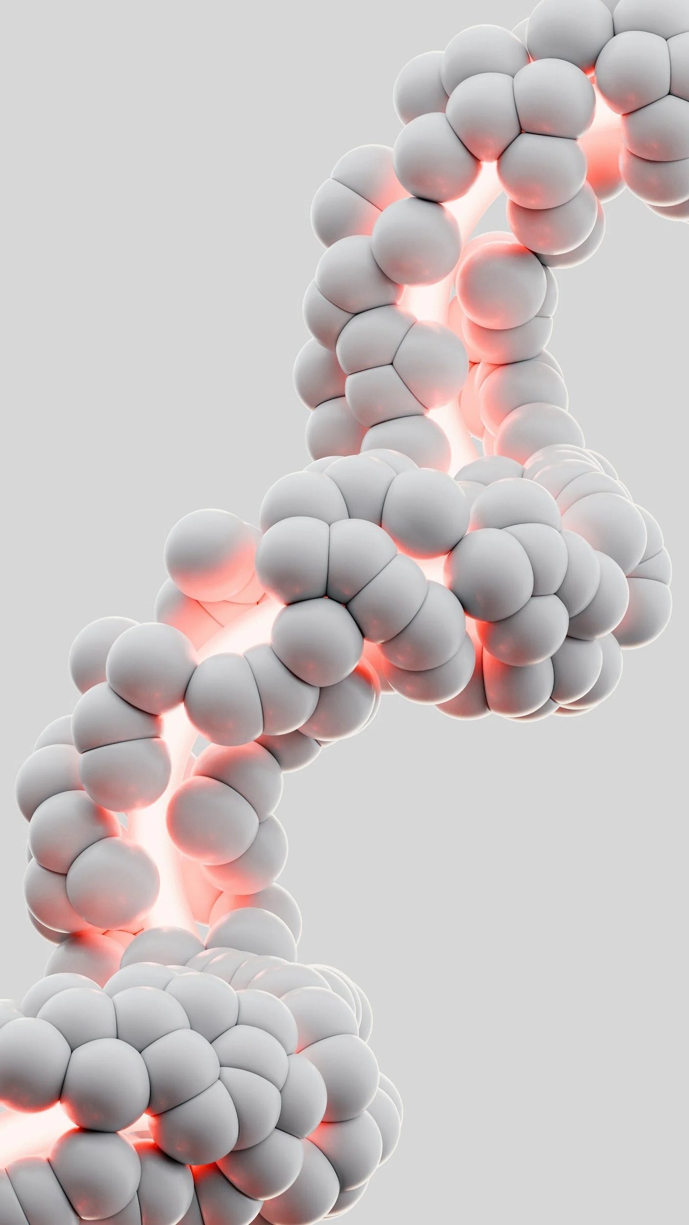 Illustration of a DNA double helix with white spherical atoms and a glowing pink backbone.