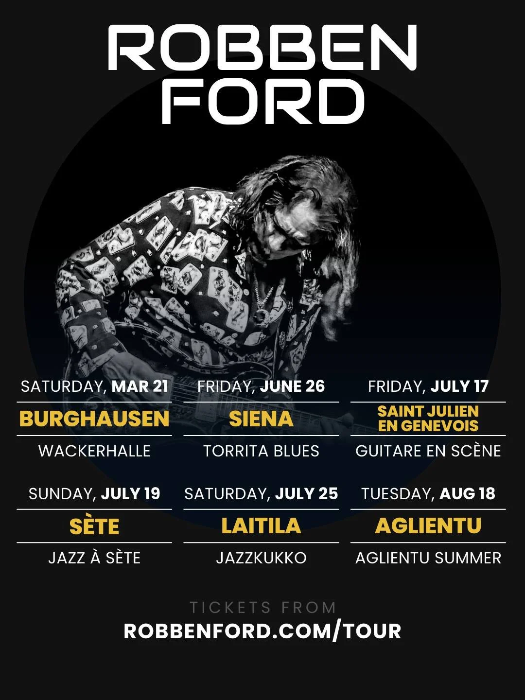 I'm really looking forward to touring in Europe - There are still dates being negotiated but here are a few to put on your calendar. 😎

👇👇👇
Full tour dates on www.RobbenFord.com/tour