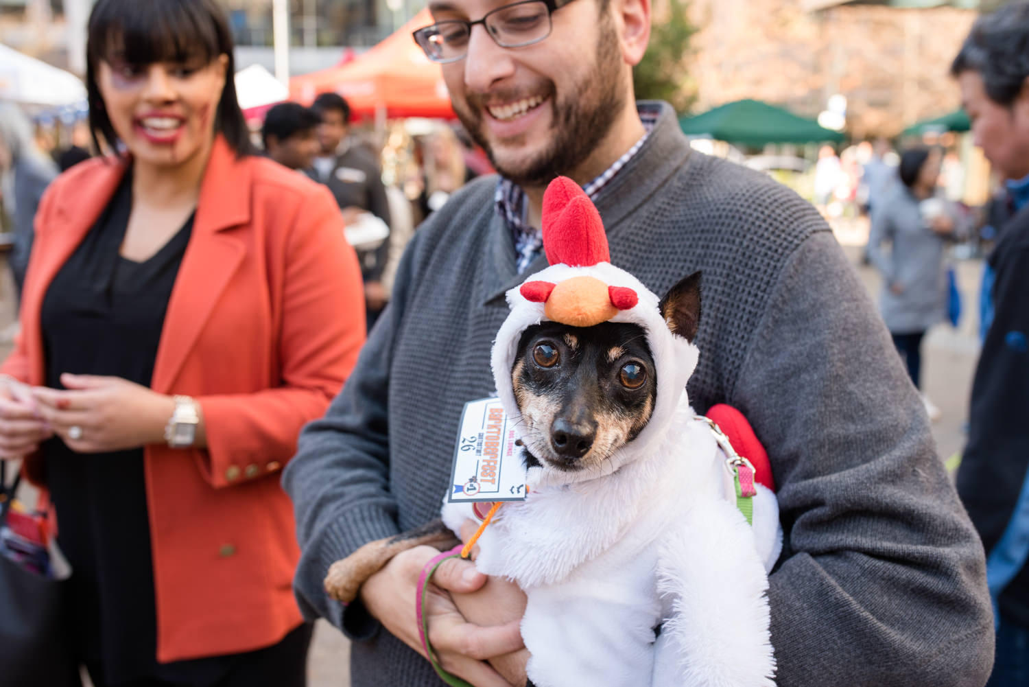 dog wearing chicken costume