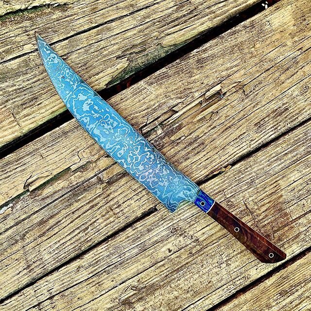 One of the favorite handle options: lapis lazuli and Turkish walnut on this 8&rdquo; kitchen knife.