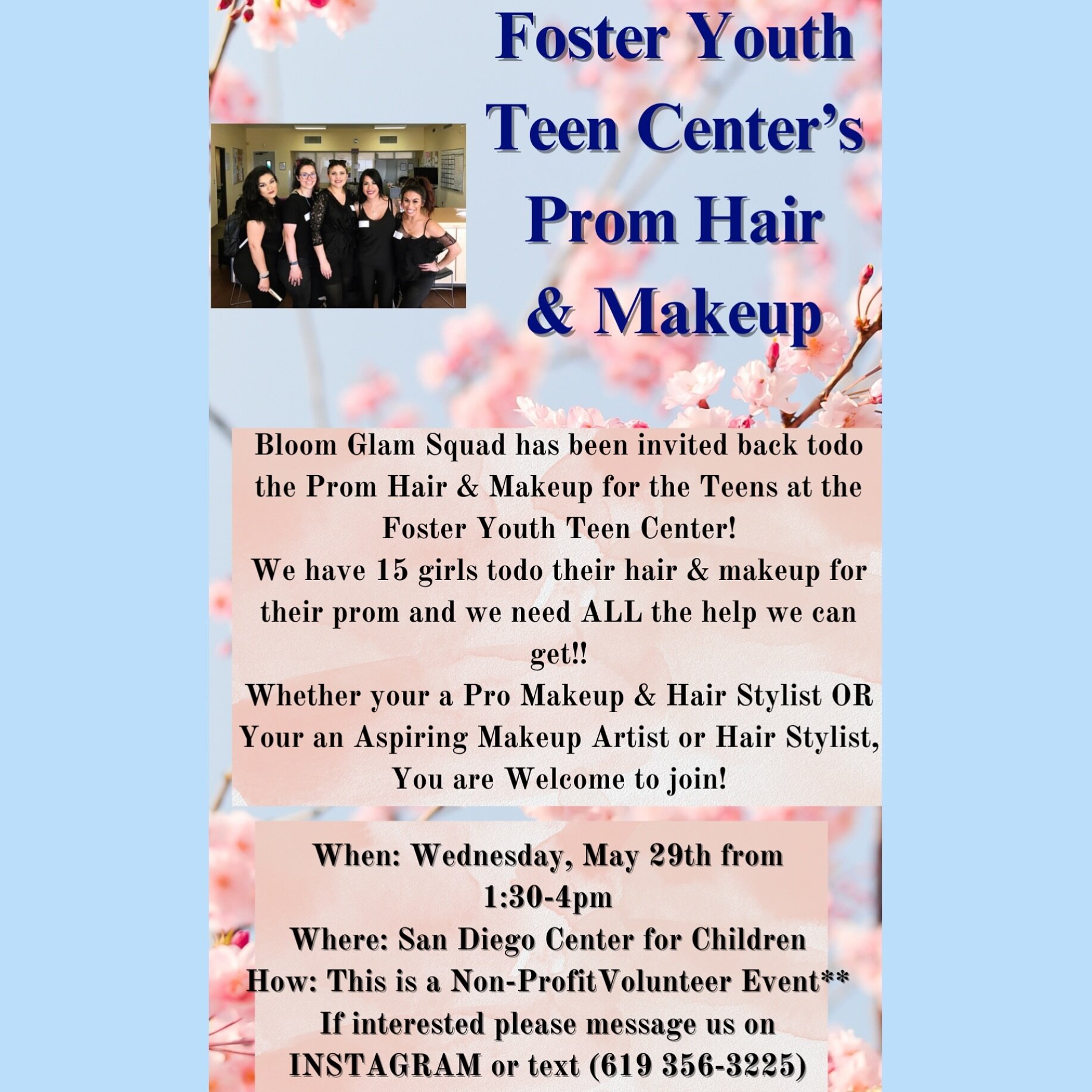 We have been invited back todo the Prom Hair &amp; Makeup for the Teens at the Foster Youth Teen Center! This is a Nonprofit Even and we are welcoming all who love to glam &amp; give back! 🤗
We have 15 girls to glam hair &amp; makeup so we need Lots
