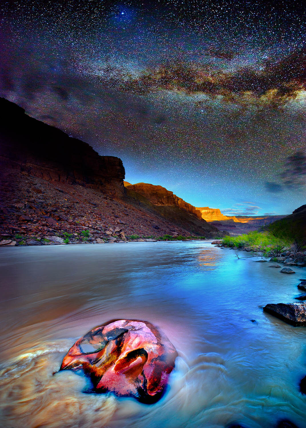 Eroded Stone in River with Milky Way and Sunset, Looking upstrea