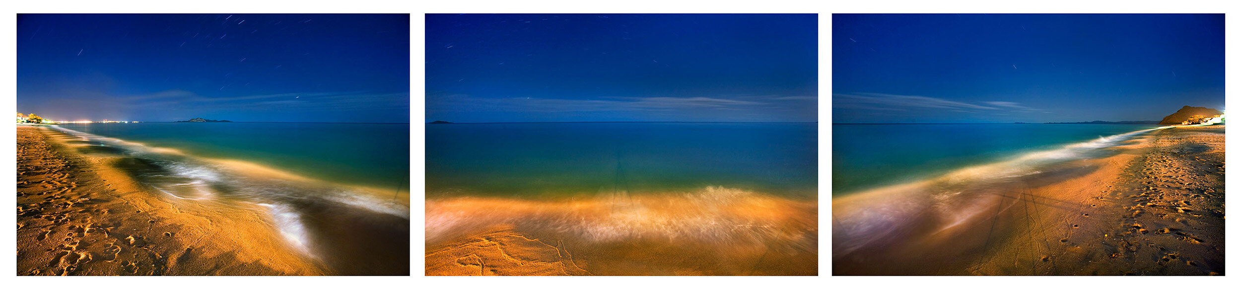 Night Beach Triptych Panorama by Full Moon and Flashlight, Kino Bay, Sonora, Mexico