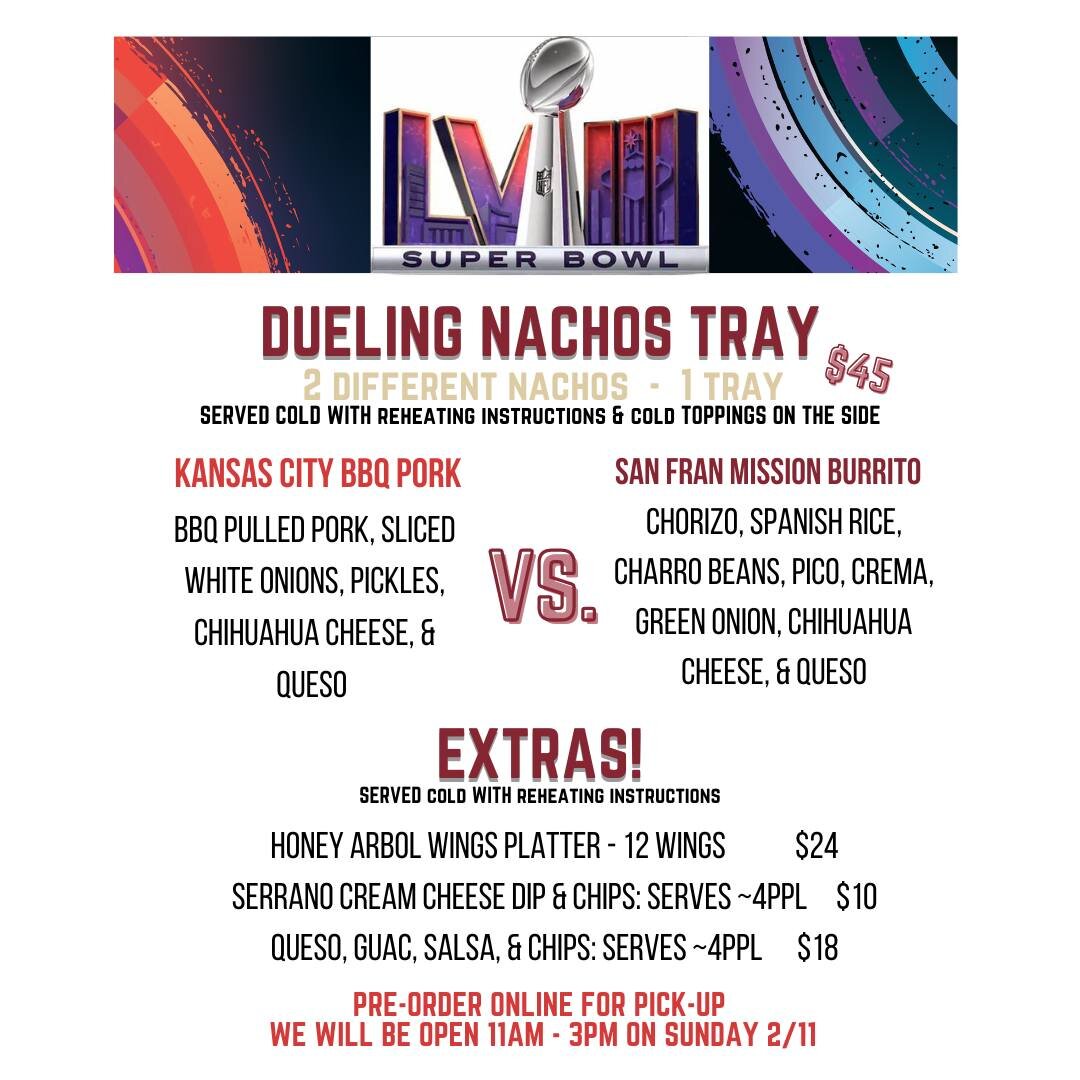 IT'S THAT TIME!!! Don't go to your Super Bowl party empty handed! The dueling nachos are back, and we have added some new things! You can also pre-order your 4-packs of margaritas!
Go to elarboltaco.com to order 💃💃💃