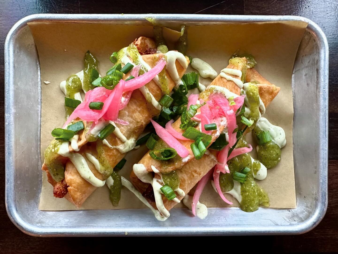 🔥𝔫𝔢𝔴 𝔰𝔭𝔢𝔠𝔦𝔞𝔩𝔰🔥
&bull;FLAUTAS (2) - filled with potatoes, green chilies, grilled pastor, and chihuahua cheese. Deep fried, and topped with salsa verde, crema, pickled onions, and green onions 

&bull;COCONUT CURRY CHICKEN TACO- curry chic
