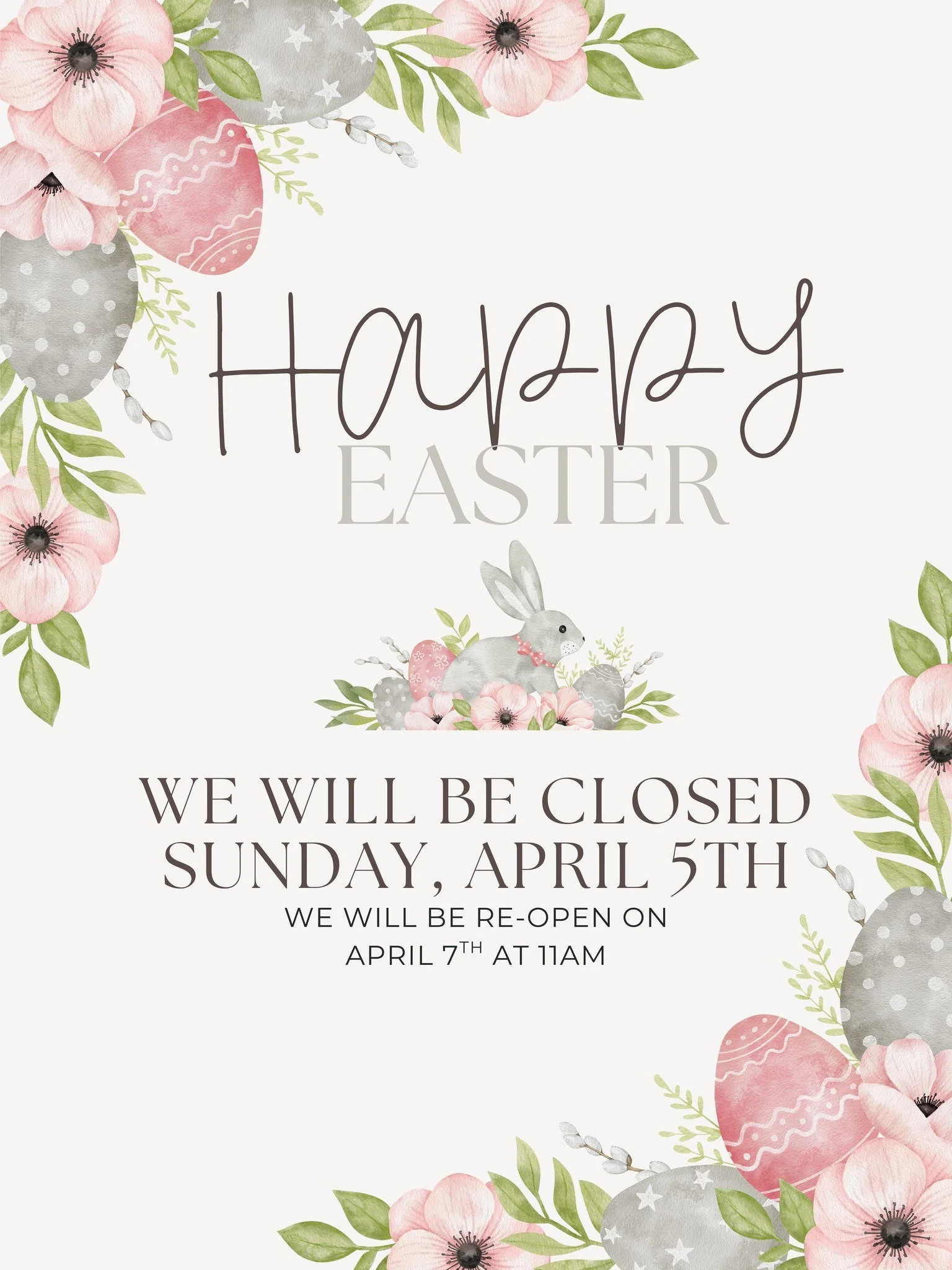 Happy Easter! We will be closed Sunday, April 5th so our staff can enjoy the holiday with their families. We will see you guys back on Tuesday, April 7th for margaritas and tacos!🐰