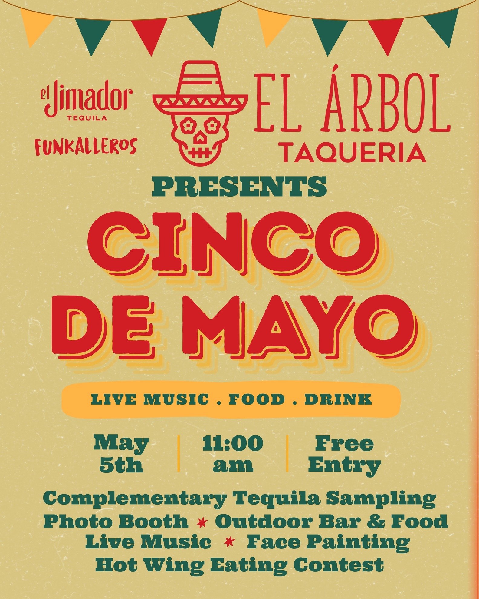 Celebrate Cinco de Mayo with us 🌮✨
A block party filled with great food, cold drinks, music, and community.
Let&rsquo;s celebrate culture, flavor, and good company all in one place.
📍 El Arbol
🗓️ May 5th
⏰ 11am-9pm
