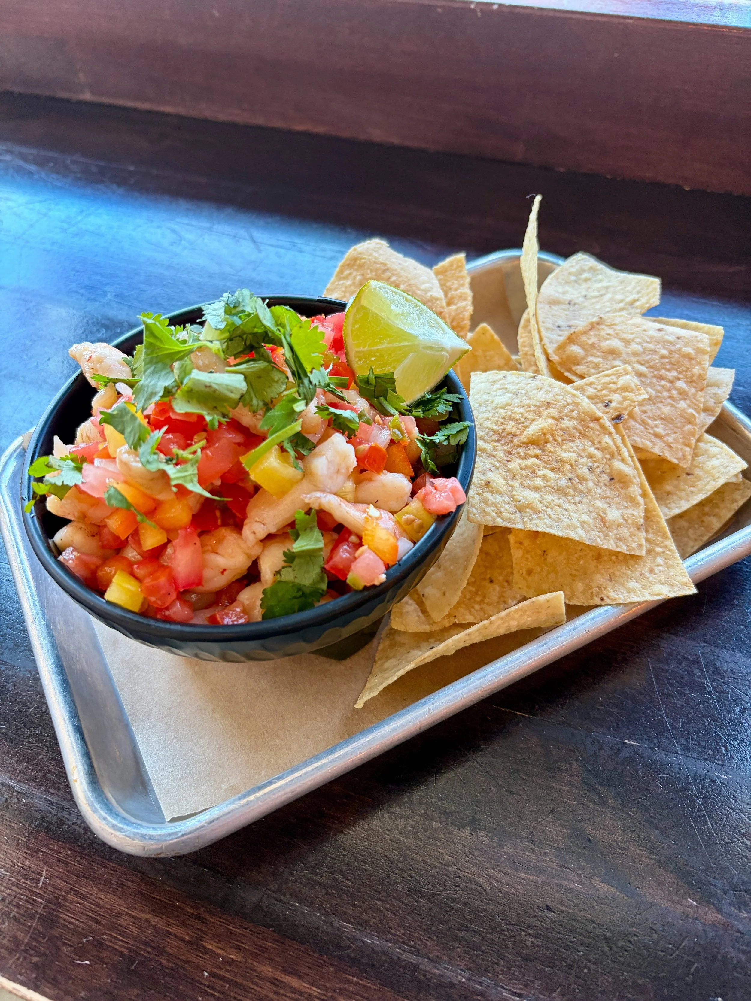 ✨ SPICY CITRUS CEVICHE - SHRIMP, PICO, BELL PEPPERS, TOPPED WITH CILANTRO. SERVED WITH TORTILLA CHIPS