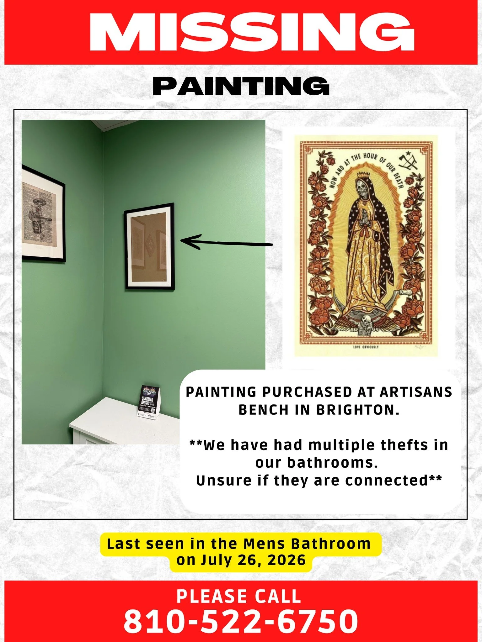 🚨ATTENTION 🚨 We have had our painting in our men's bathroom stolen from us!! If you have any form of knowledge of it, please return it to us no questions asked.