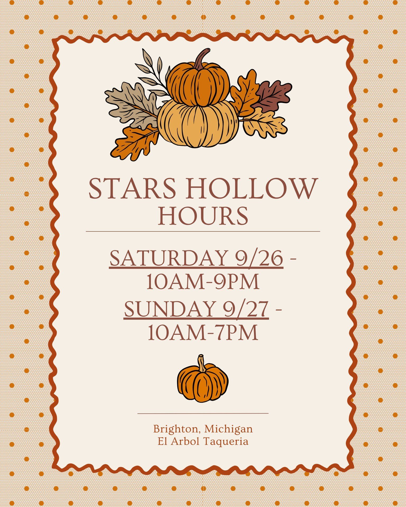 Our hours of operation for the weekend of Destination Starz Hollow 🍁🍂
