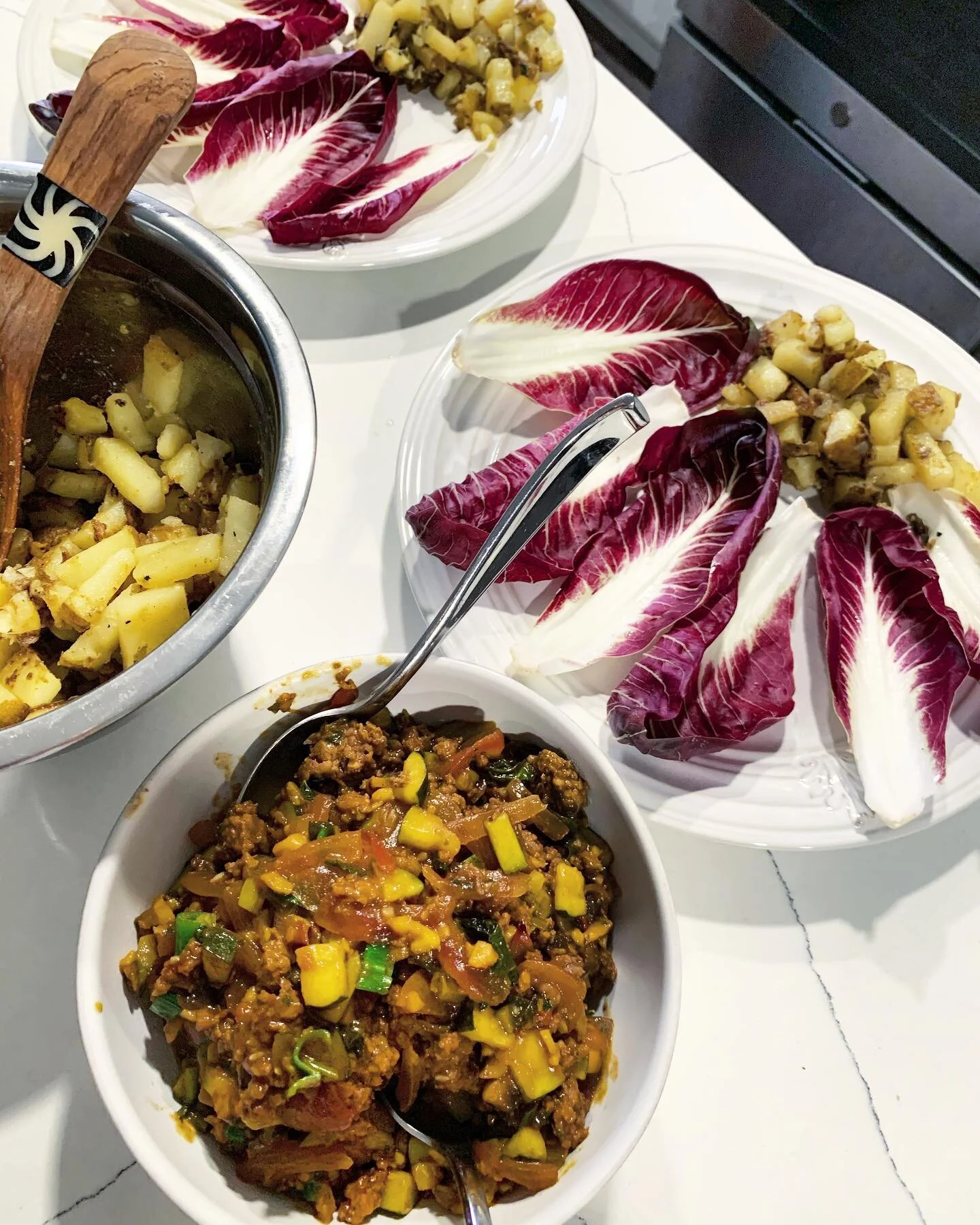 Sautéed every last thing in the fridge and wound up with radicchio lettuce wraps the other night - too fun not to share. I kind of cooked as I went so no recipe, but my pro tip is: chop and prepare everything in advance or at least the most rugged /