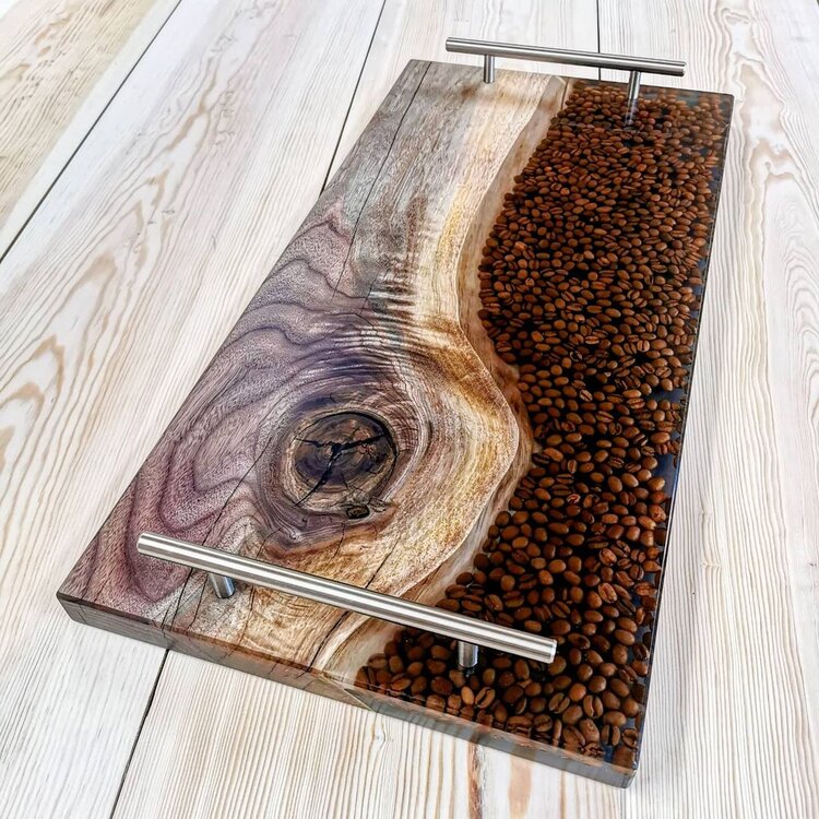 Serving Tray Marble Black and Rose Gold Resin Tribal Wood Serving Board with Handle Aztec Kitchen Decor Charcuterie Agate