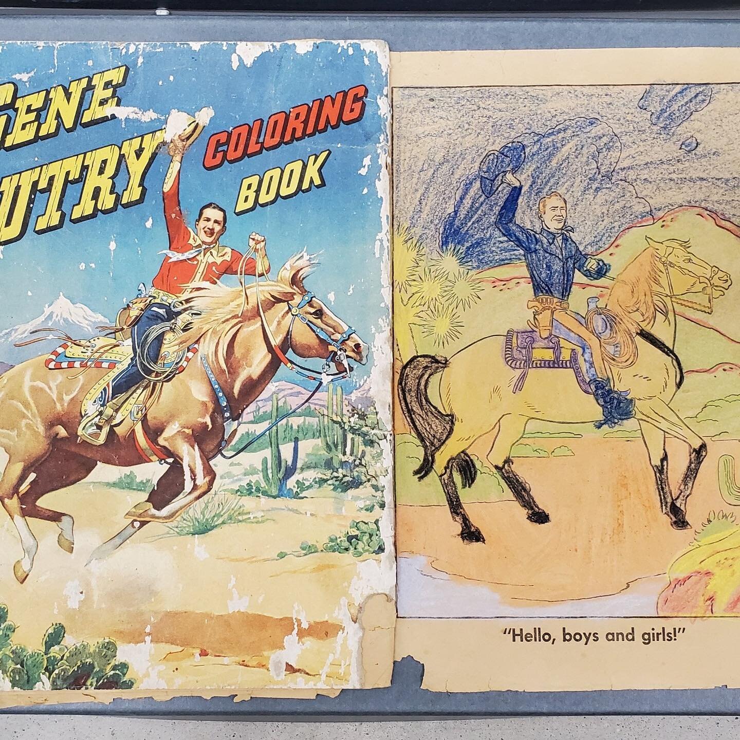 Featured in this 1949 coloring book is Gene Autrey as a wildly popular cowboy character. This page of skillful coloring was most likely completed by one of Jospeh and Sarah Pound&rsquo;s great-great grandchildren in the 1950&rsquo;s. If you have a co