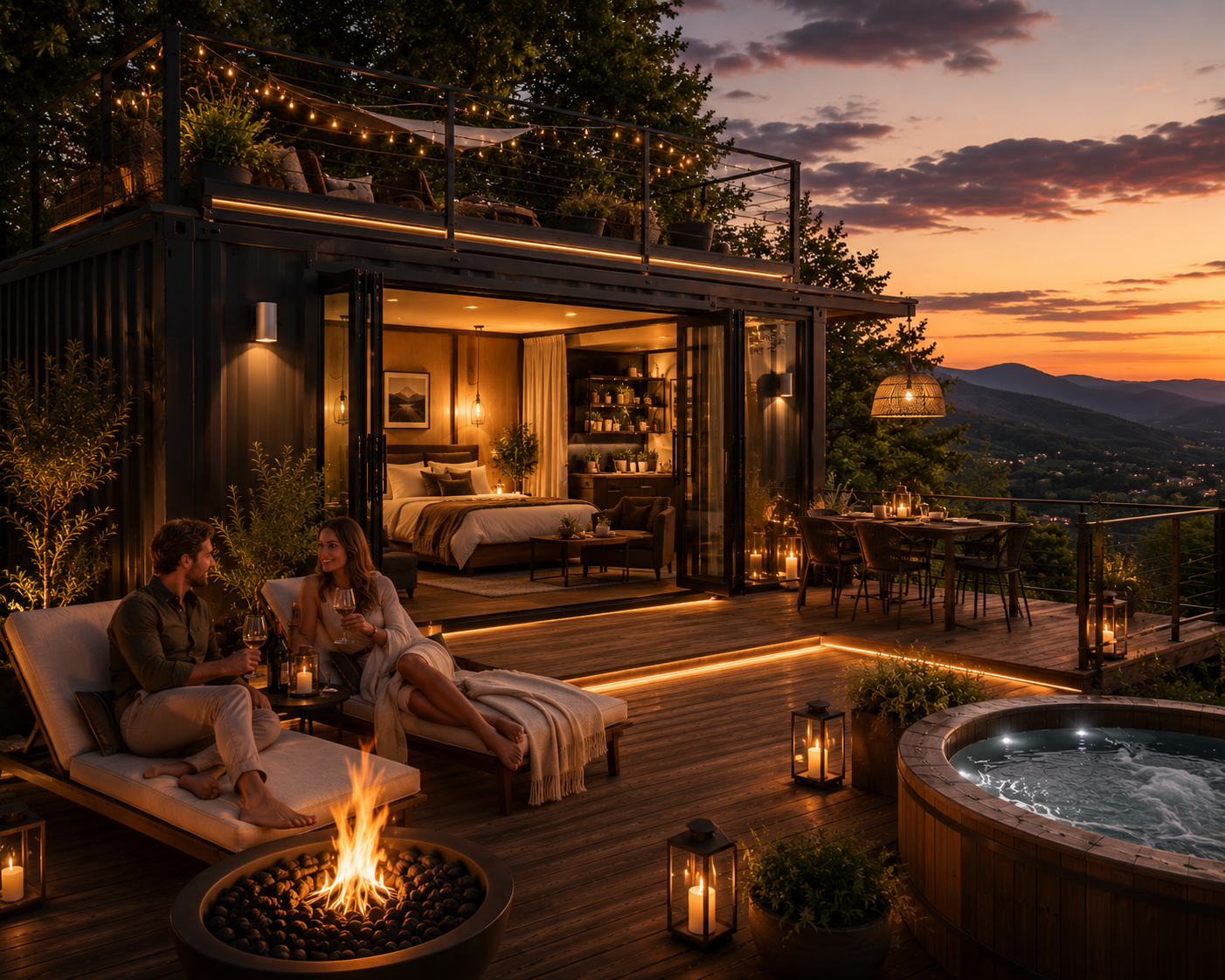 A couple relaxing by a fire pit on a wooden deck with outdoor seating, overlooking a view of mountains at sunset. The scene includes an illuminated container hot tub, string lights, lanterns, and a modern container home with a balcony and warm interior lighting.