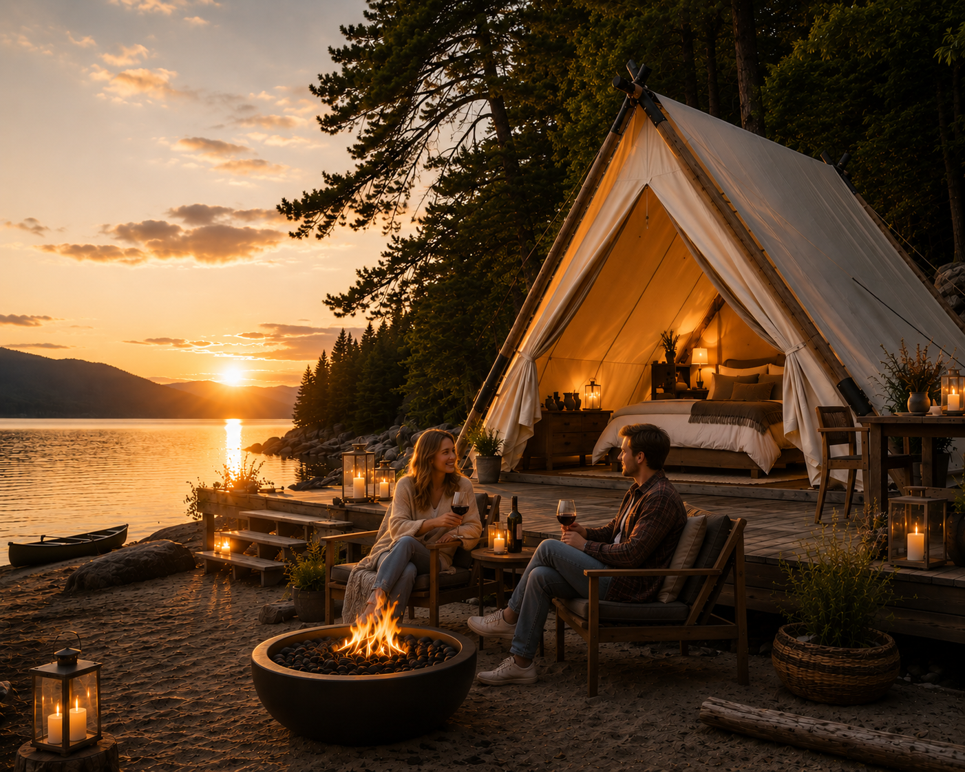 Couple relaxing by a campfire on a beach at sunset near a lakeside forest, with a cozy glamping tent illuminated inside and candles around.