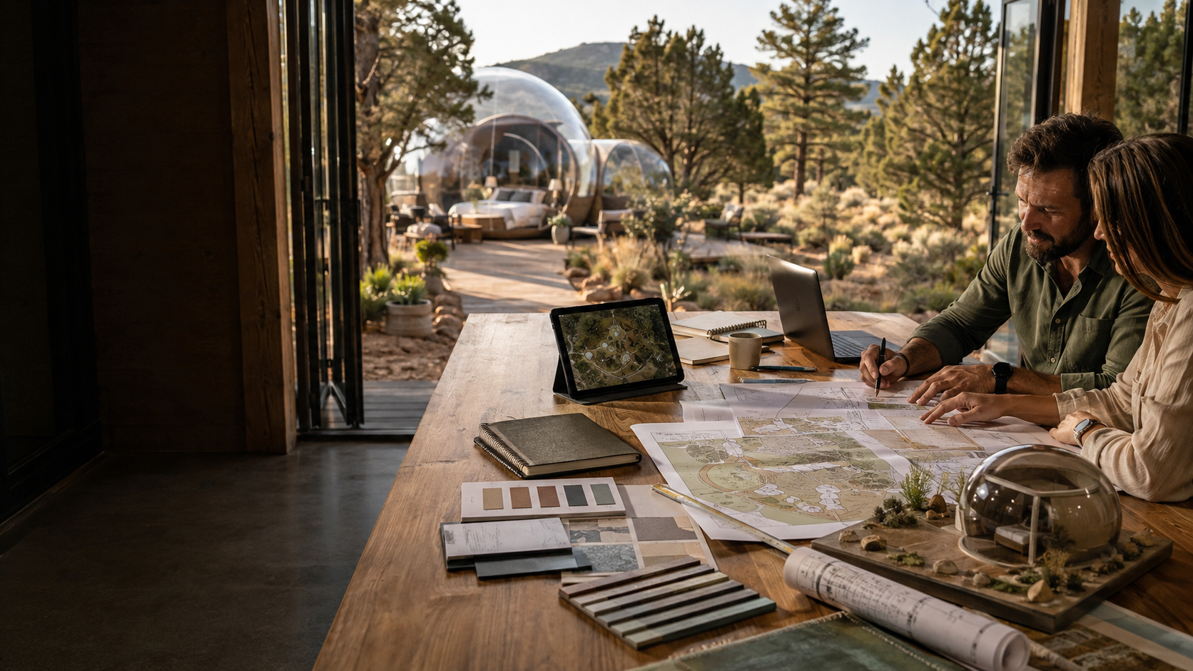Two people working at a wooden table with a scenic outdoor view of trees, mountains, and a glass bubble outdoor lounge area.