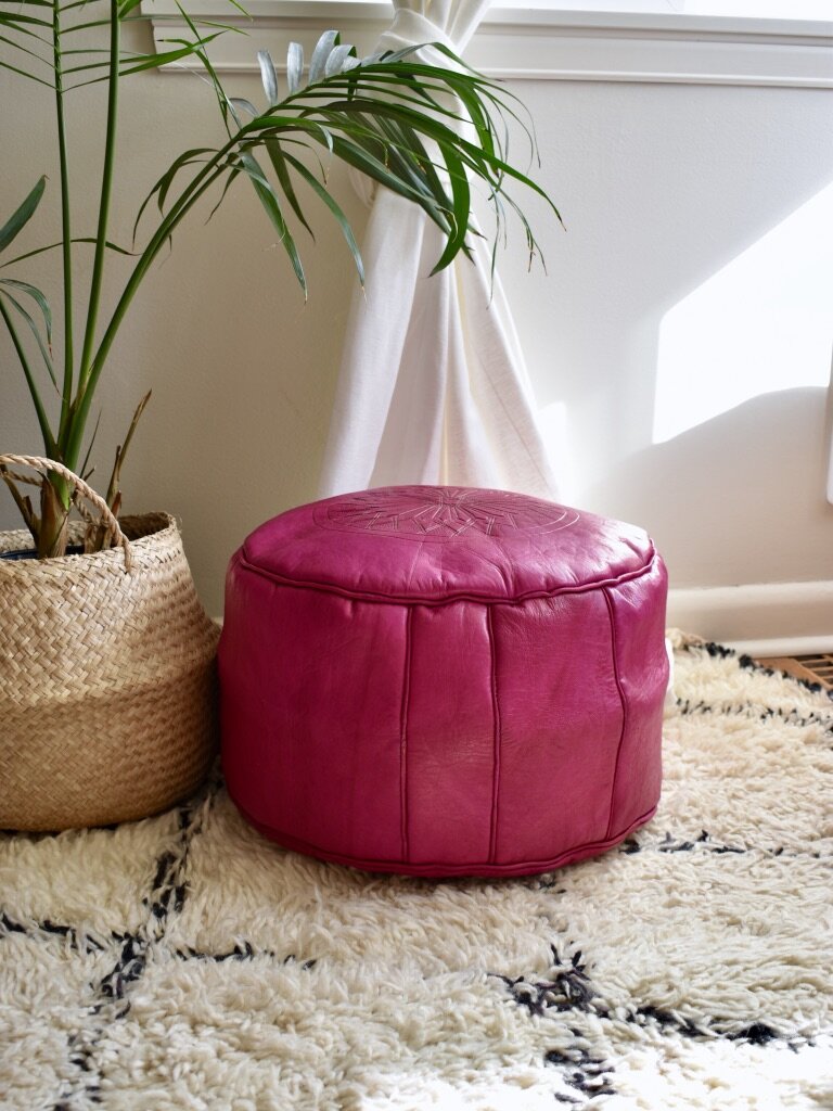 Leather Pouf - Fuchsia