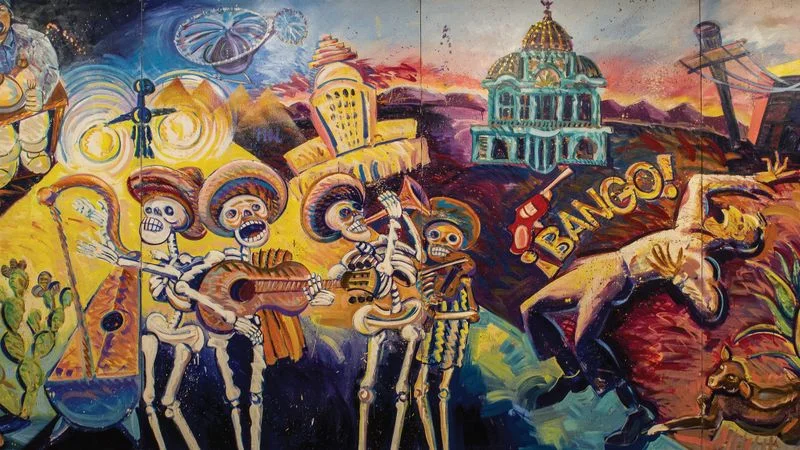 Detail of Frank Romero's majestic "¡Méjico, Mexico!," a wall-sized canvas painted in 1984. ( Cheech Marin Collection / MOLAA )