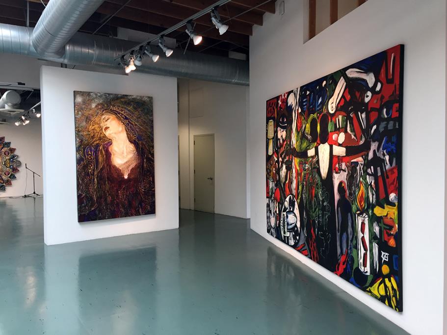 Axis Bold as Love, 2001 George Yepes, oil on canvas (left); La Tormenta Returns by Gronk, painting (right)