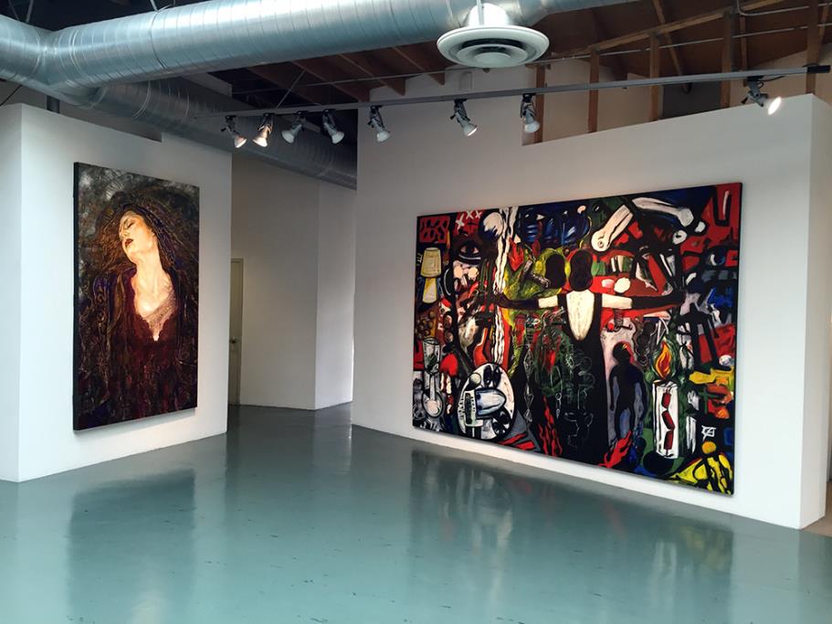Axis Bold as Love, 2001 George Yepes, oil on canvas (left); La Tormenta Returns by Gronk, painting (right)