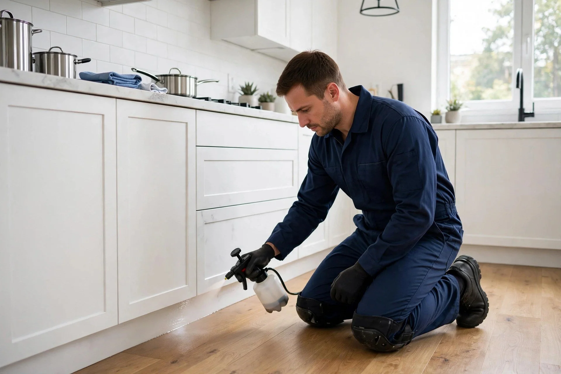 Technician treating a kitchen interior