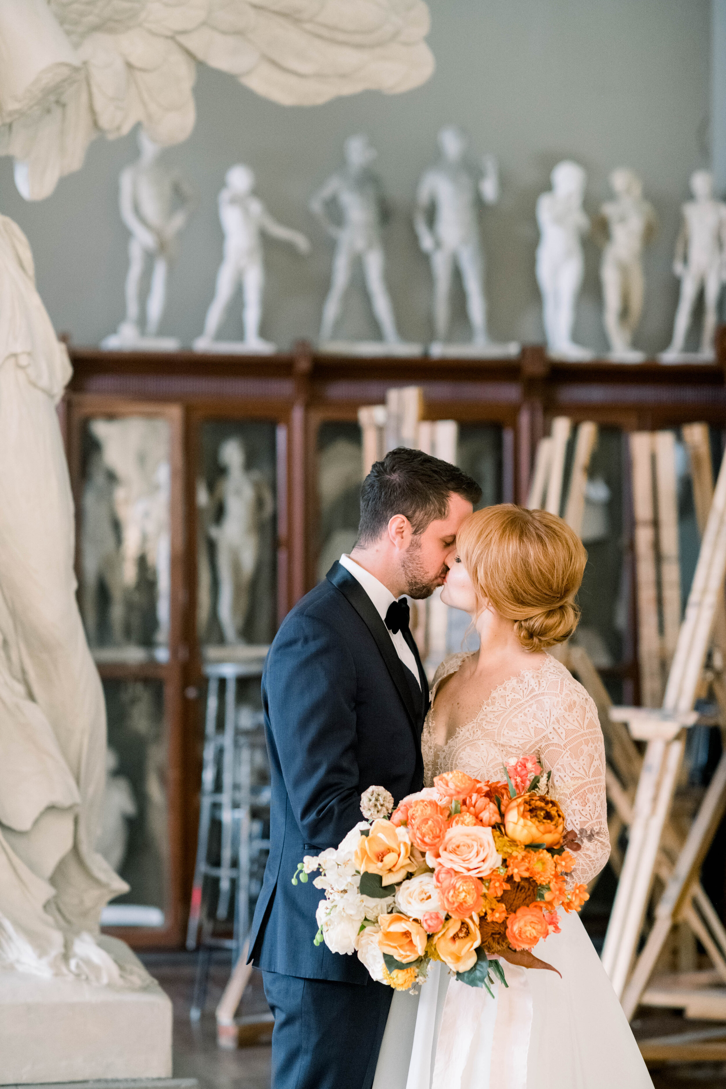 Fine art wedding inspiration with Kelly Faetanini dress and fall florals at PAFA museum in Philadelphia by Liz Andolina Photography