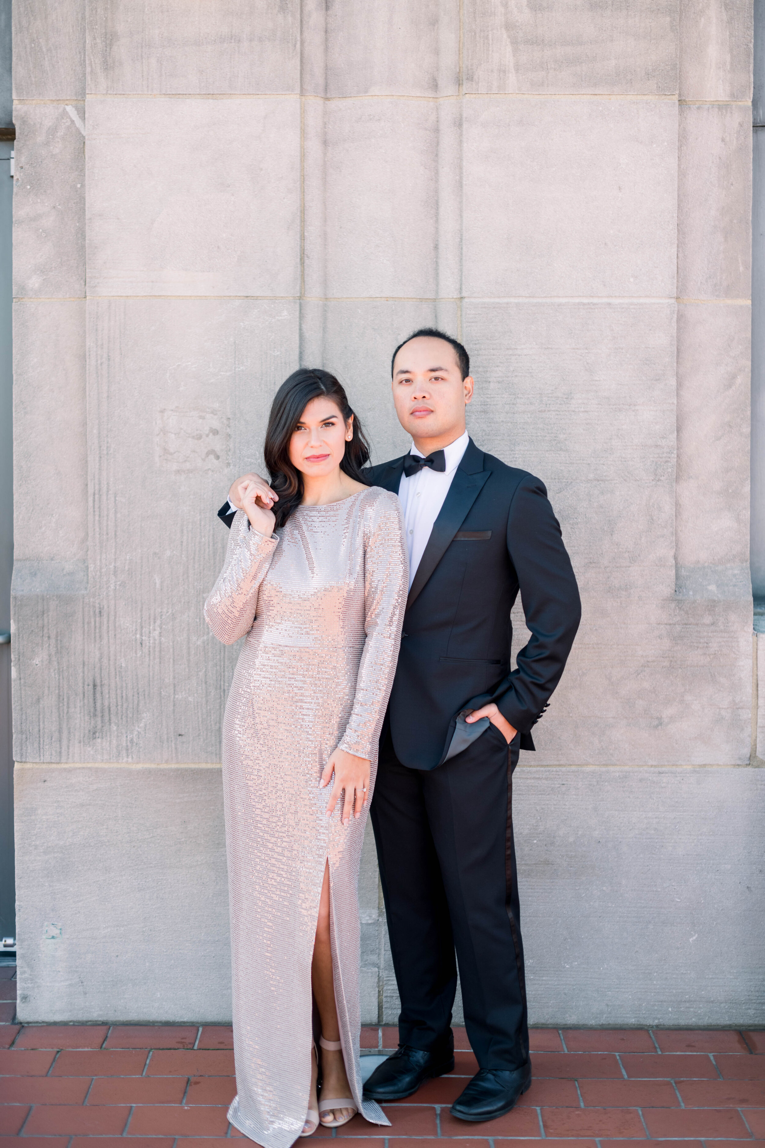 top of the rock+engagement+nyc engagement+NYC elopement+sparkly wedding gown+gold wedding gown+white bouquet+modern wedding+rockefeller center