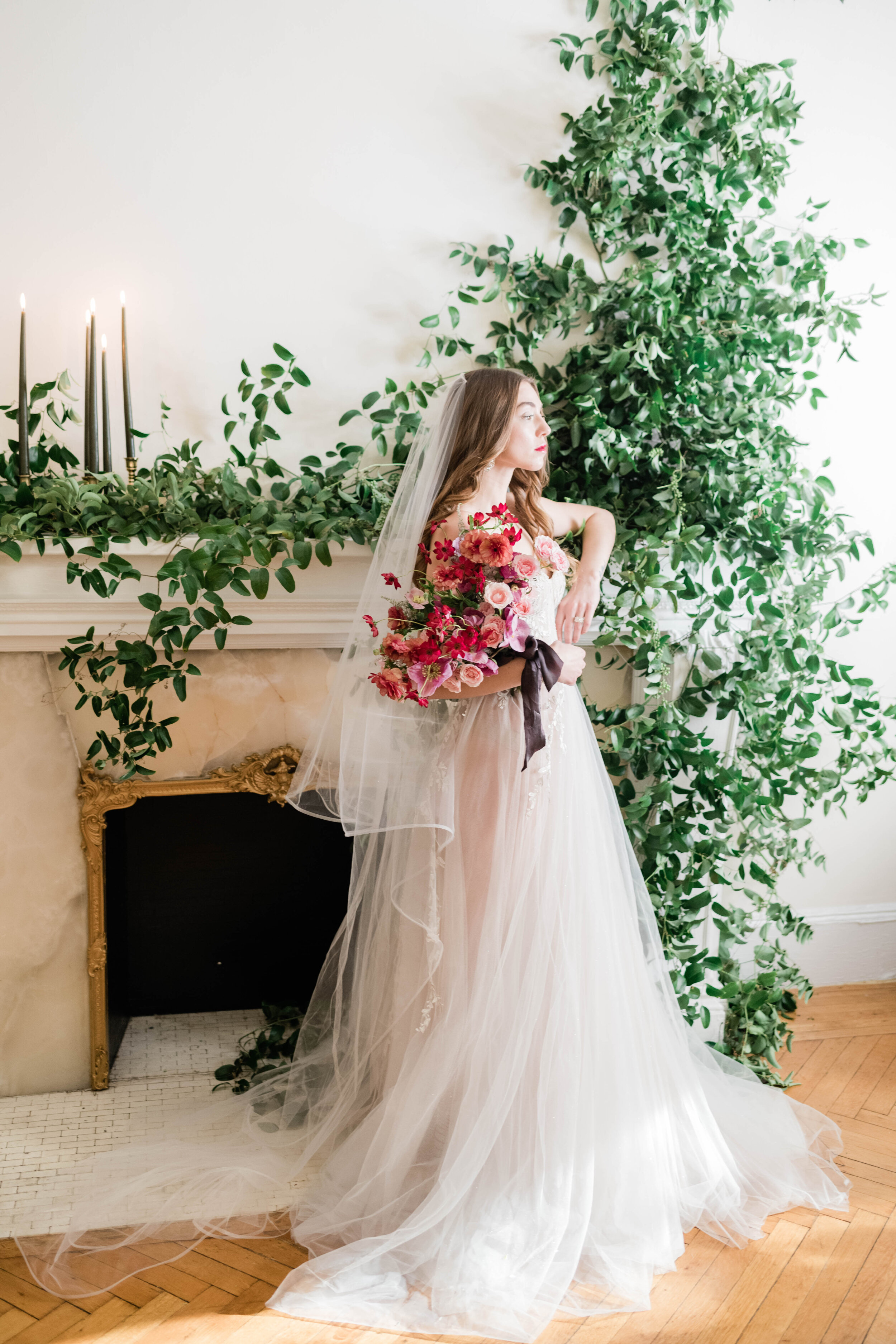 Bridal Editorial Portraits in New York City near Central Park with blush gown and monochrome bouquet by Liz Andolina