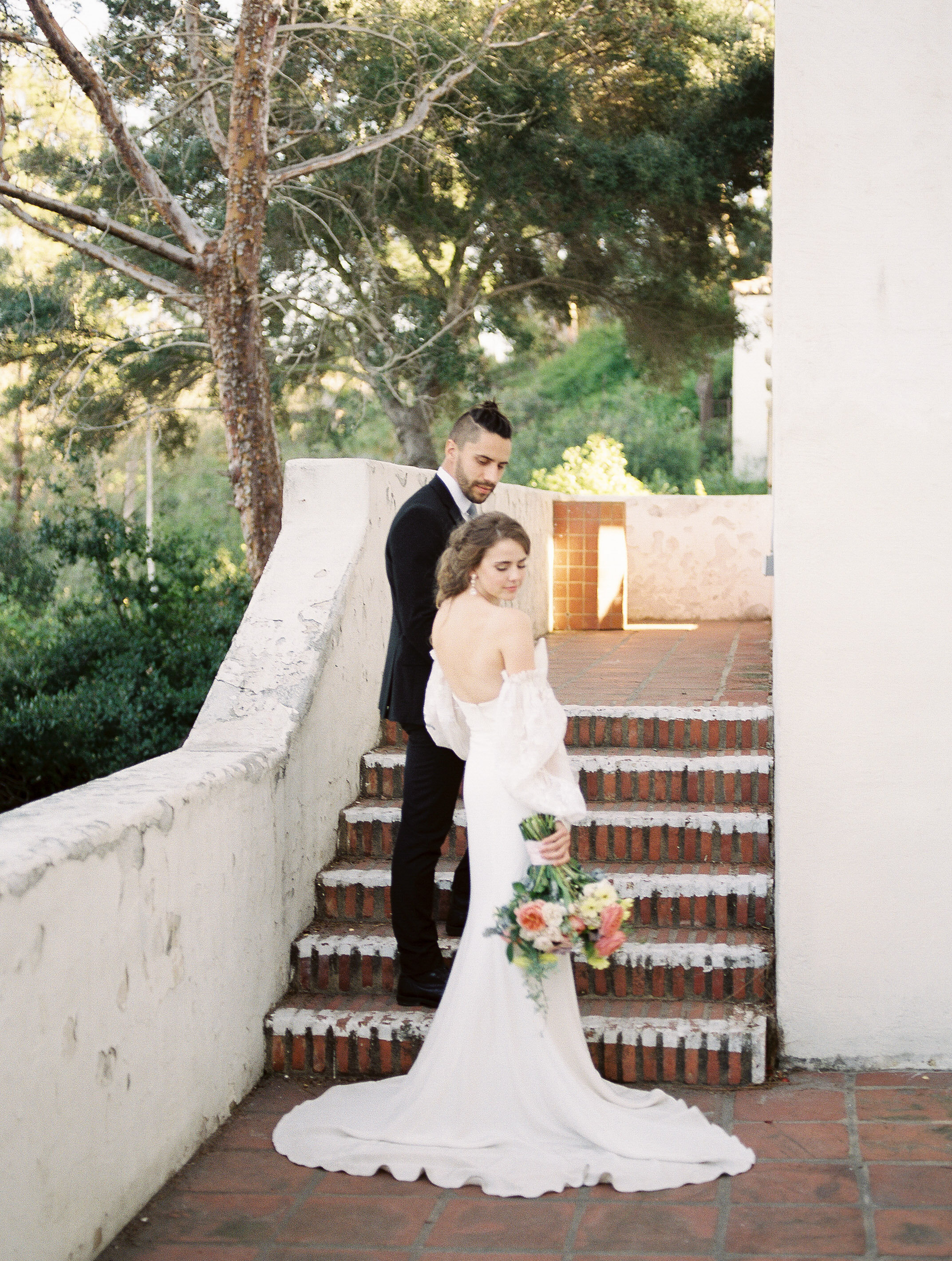 Colorful and elegant wedding editorial with stylish Alexandra Grecco dress at Junipero Serra Museum in San Diego, California by Liz Andolina Photography