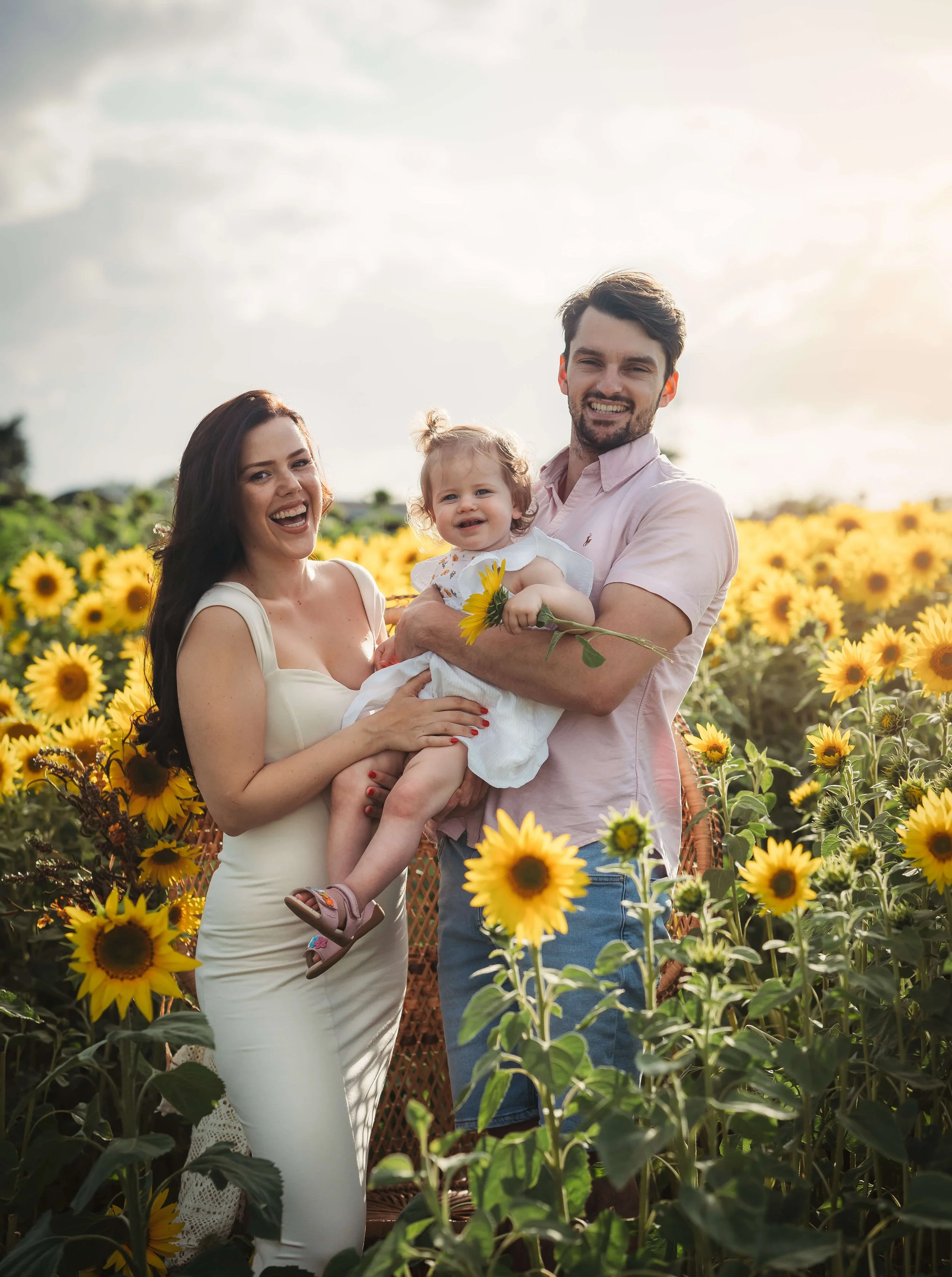 A happy family of three, with a mother, father, and young daughter, standing in a sunflower field during daytime. The mother wears a white dress, the father a light pink shirt, and the daughter a white dress. The father holds the daughter, who is hol